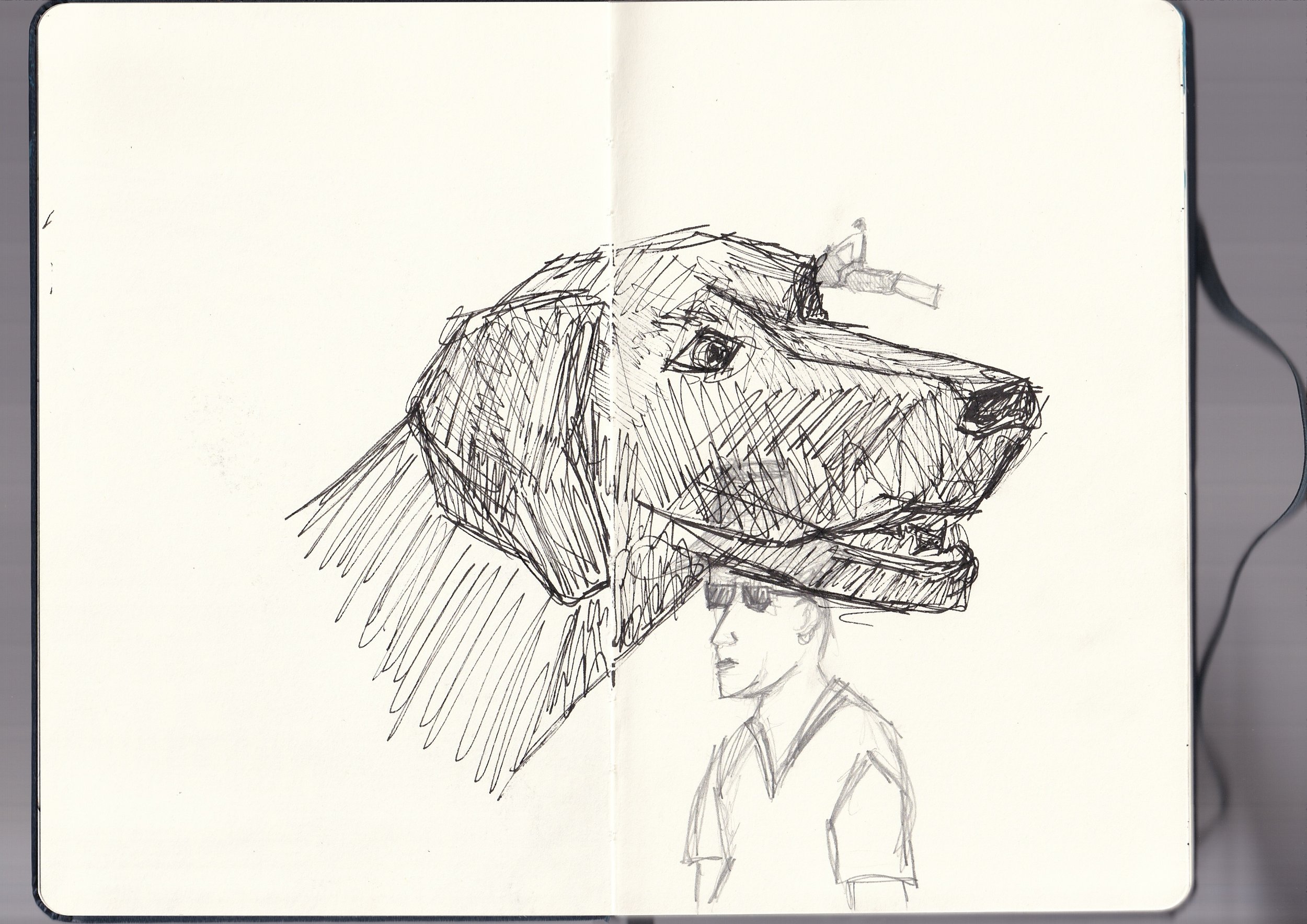 A sketch of a woman with long hair, wearing a large, feathered headdress or hat, and standing with her back slightly turned. The drawing is done in black pen on white paper.
