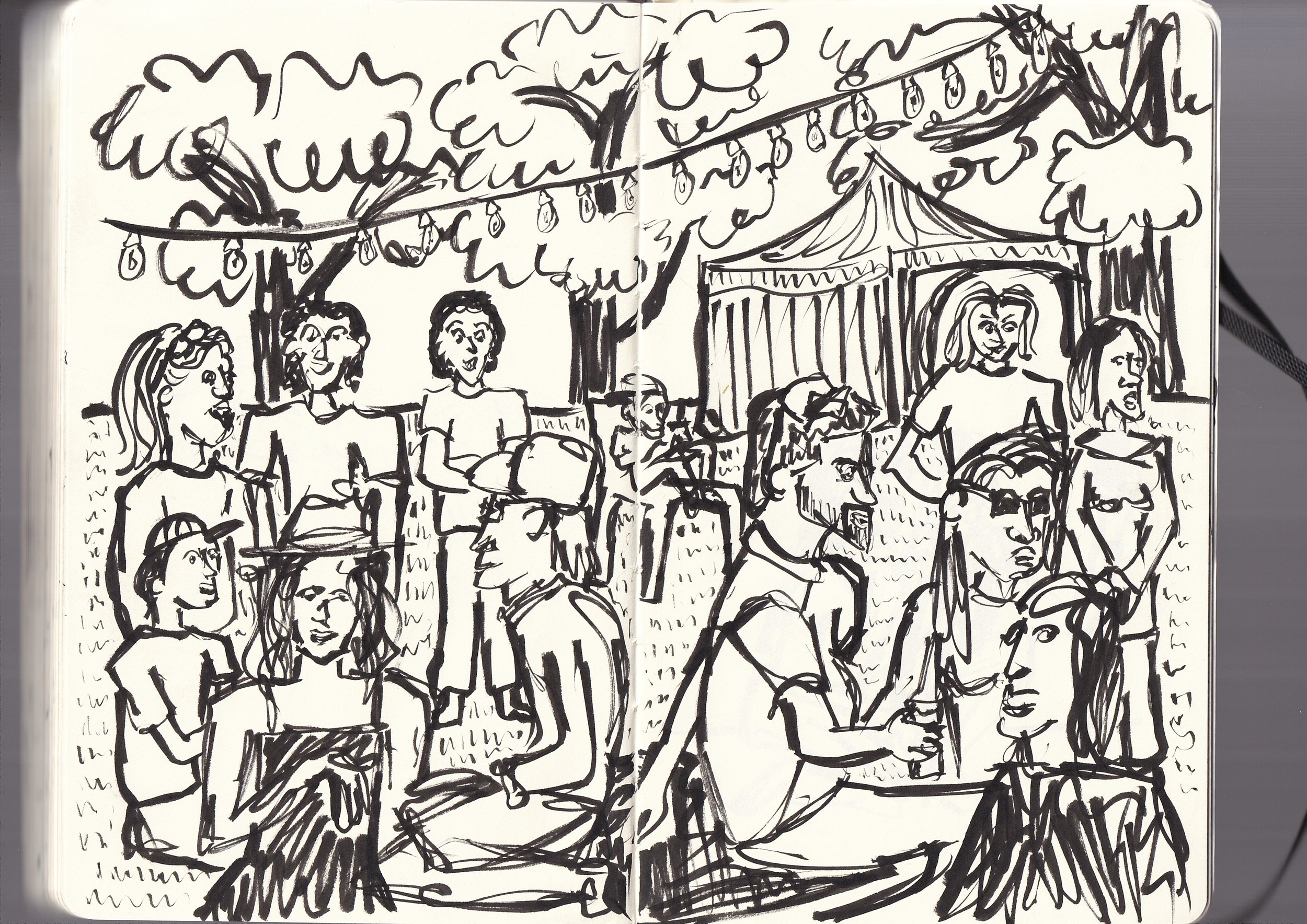 A black and white sketch of an outdoor gathering, possibly a fair or festival, featuring a carousel, string lights, and several people, with some onlookers and others engaged in activities.