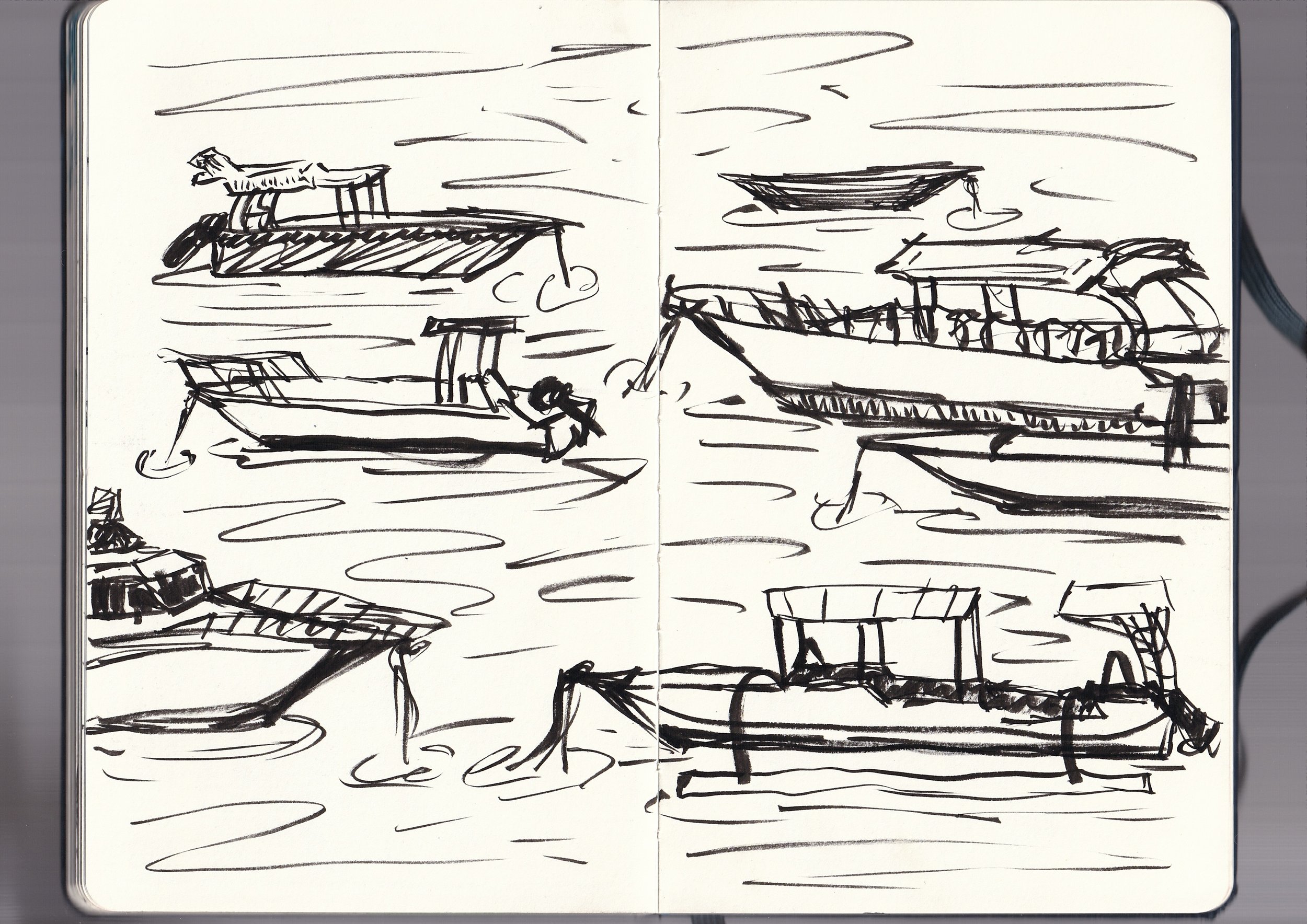 A black marker sketch of several boats on water, with a dock and some chairs in the foreground, and a partly cloudy sky in the background.