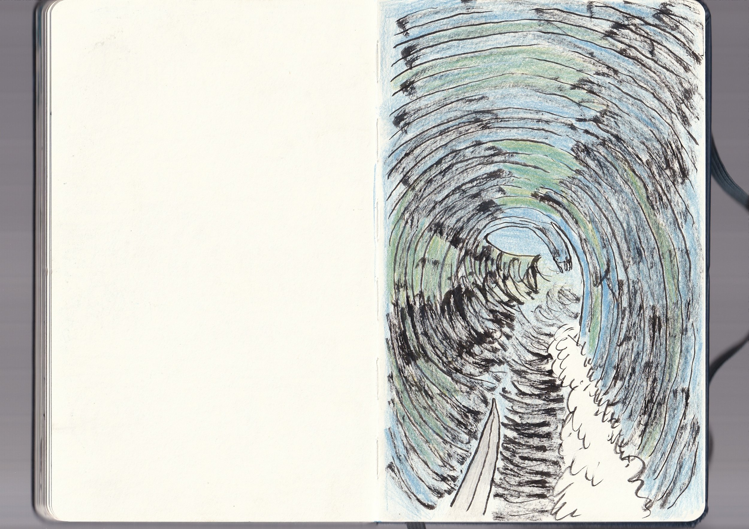 Colorful drawing of a large, spiraling tornado with a cloud of dust at the bottom, using black, blue, green, and white colors.