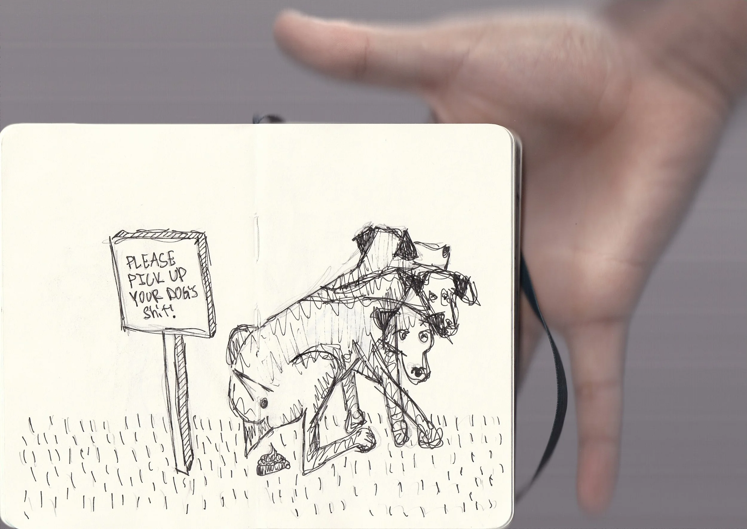 A sketch of a person riding a horse with a sign that reads 'Please pick up your dog's shit!'
