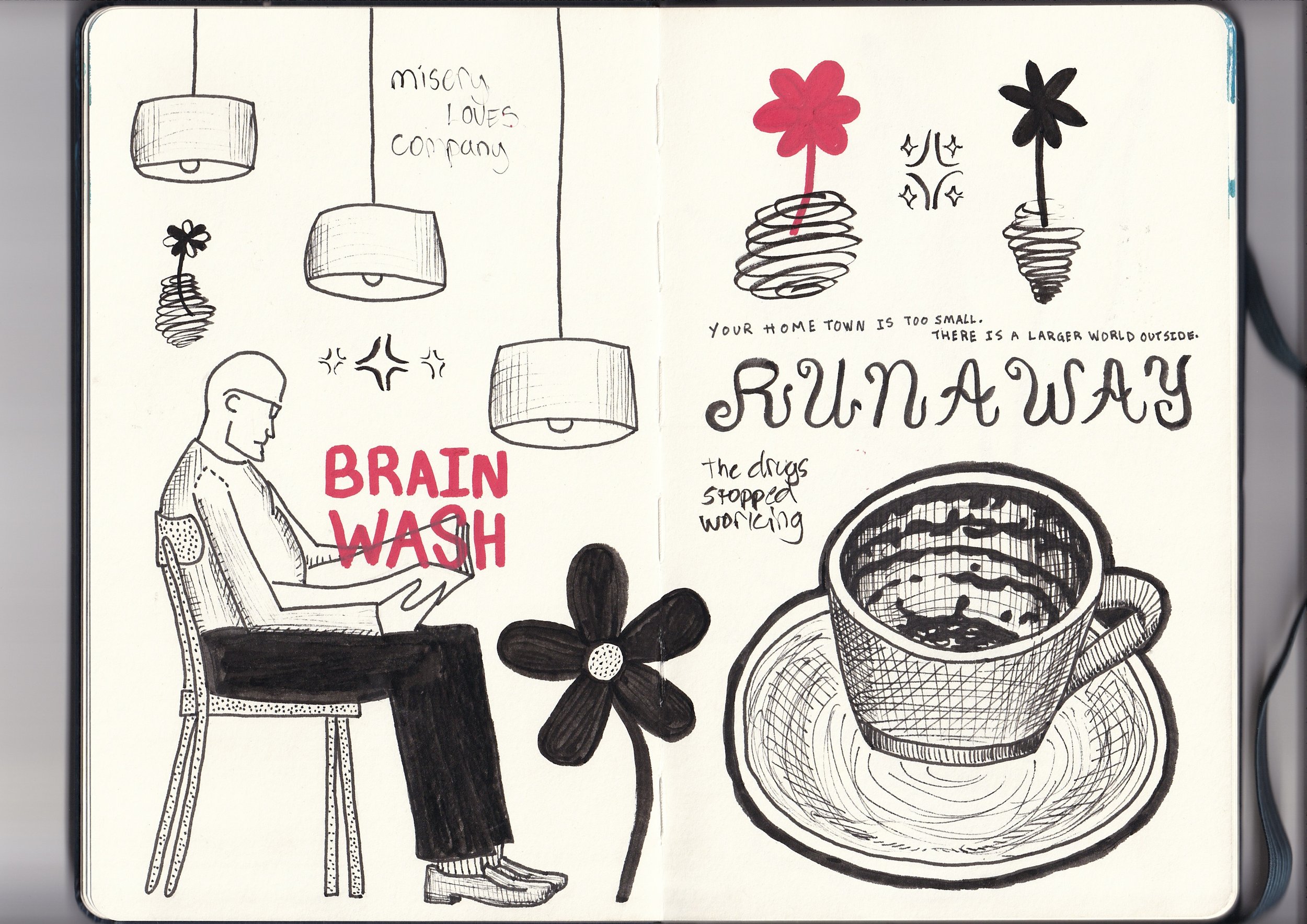 A black and white illustration featuring a person sitting on a chair, reading a newspaper with the text 'BRAIN WASH' in red. Surrounding the person are sketches of pendant lights, flowers, and coffee cups. Some text reads, 'misery loves company' and 