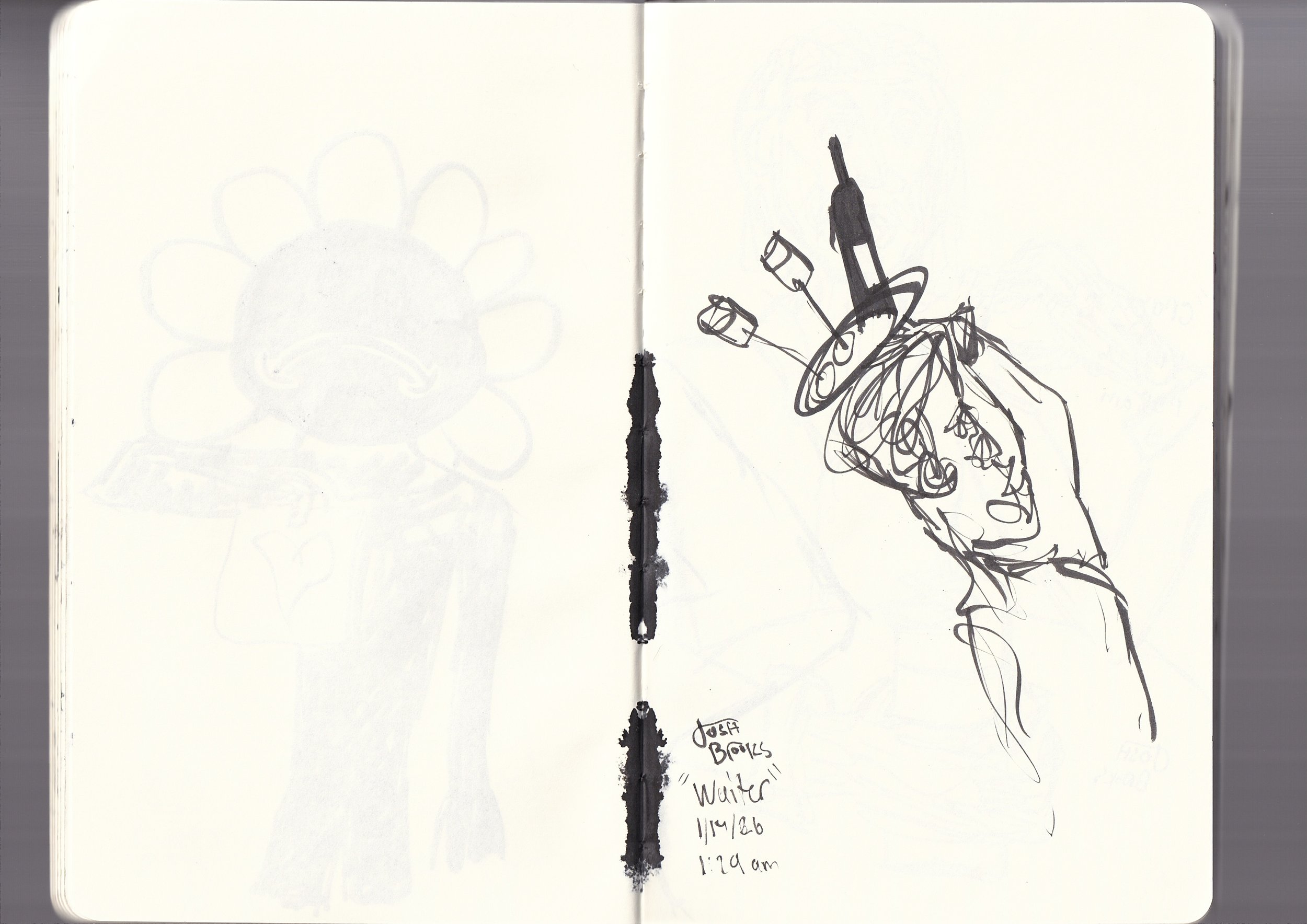 A sketch of a hand holding a pair of glasses is drawn on the right side of an open notebook. The left side of the notebook has a faint, light sketch of a flower. Below the drawing, there is handwritten text that reads "Josefa Borras, Winter, 1/4/86, 