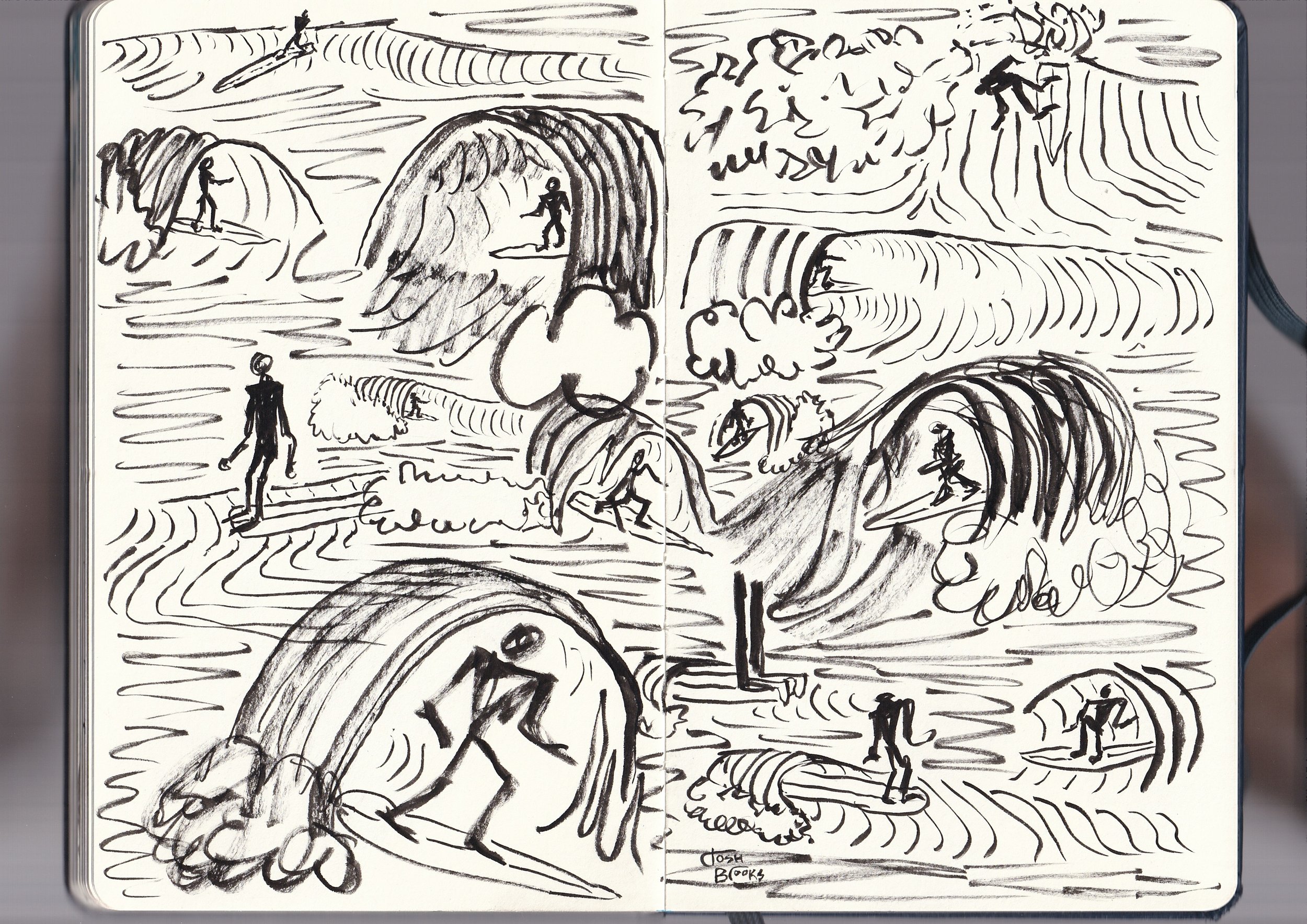 Black ink sketch of people surfing and sitting on surfboards by the ocean, with waves and a boat in the background, and trees and grass in the foreground.