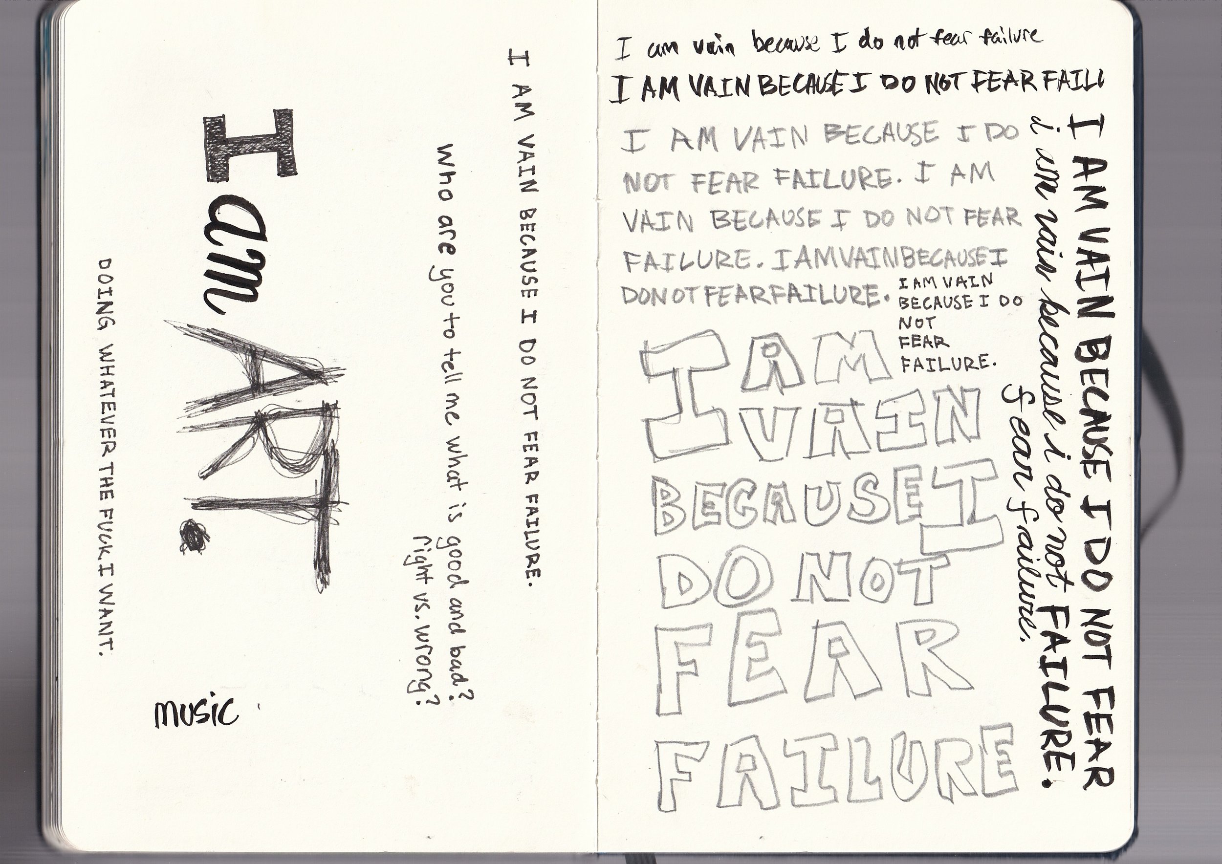 Pages of a notebook with handwritten text and doodles. On the left page, the words 'HAPPY' in large letters, a small 'music' label, and a sketch of a swing. On the right page, repetitive handwritten affirmations about not fearing failure and believin