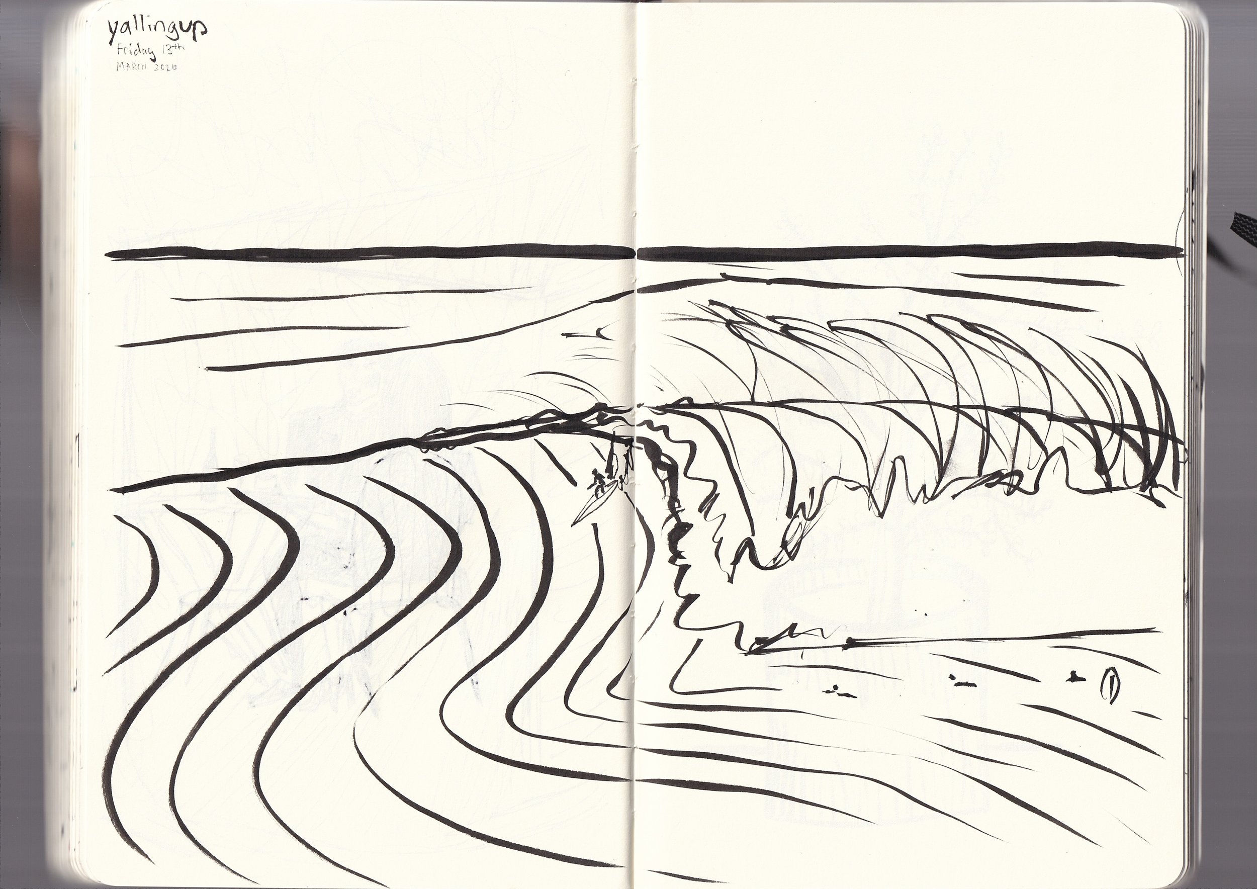 A black ink drawing of a landscape with curving lines representing fields or hills, a person holding an umbrella walking along a path, and a distant horizon with a few simple lines indicating the sky.