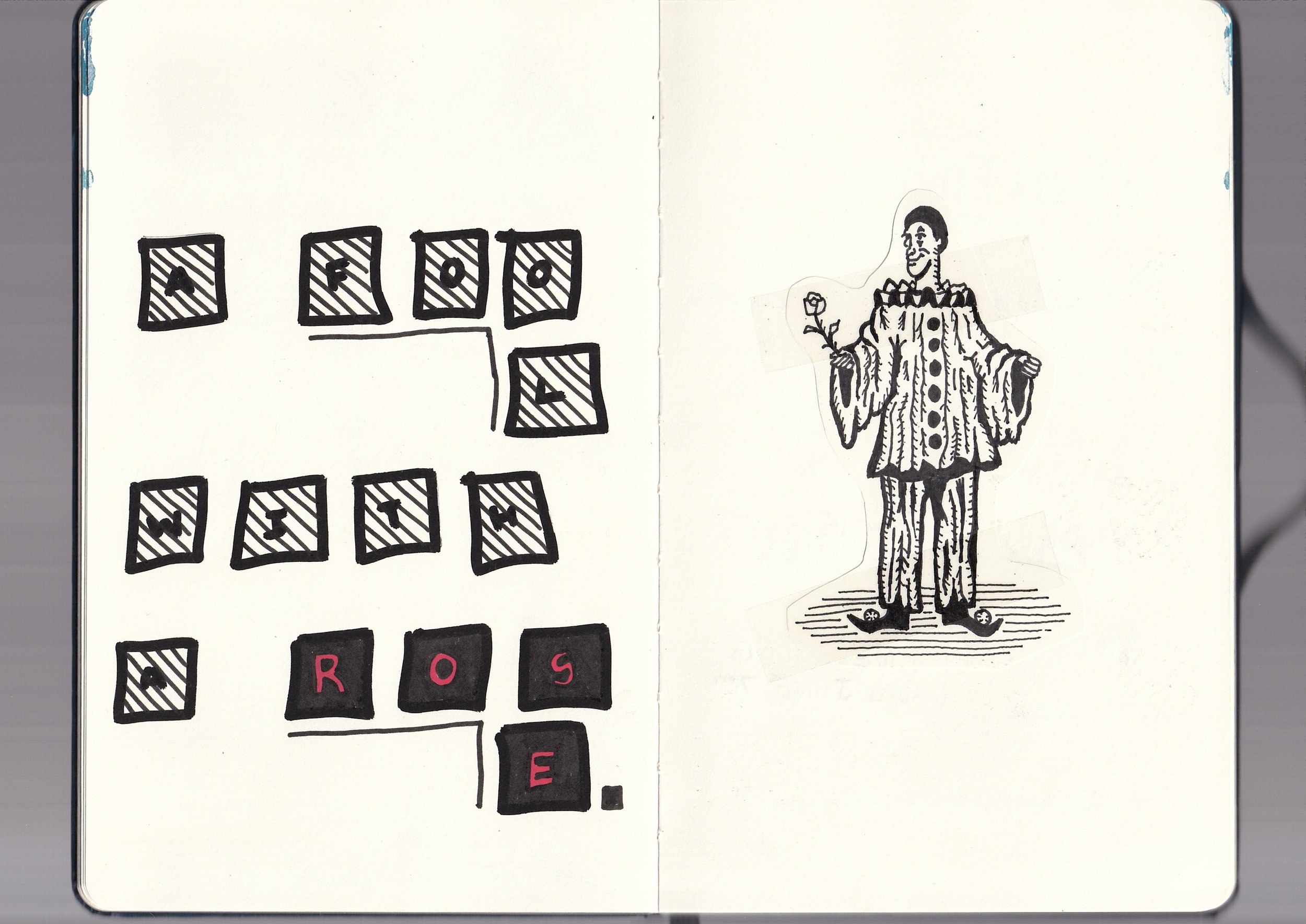Hand-drawn illustration of a person in a regal, striped outfit holding a flower. Left side features hand-drawn boxes with letters, spelling out 'AFRO' and 'ROSE' in black and red.