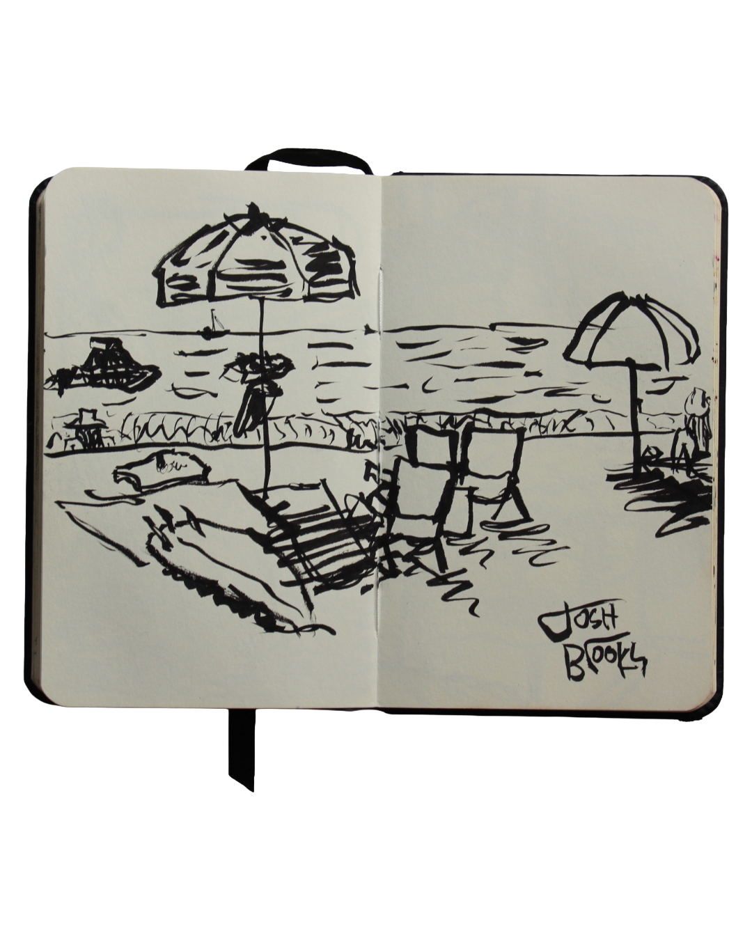 Sketch of a beach scene with umbrellas, lounge chairs, a boat, and people near the shoreline, signed 'Josh Brooks'.