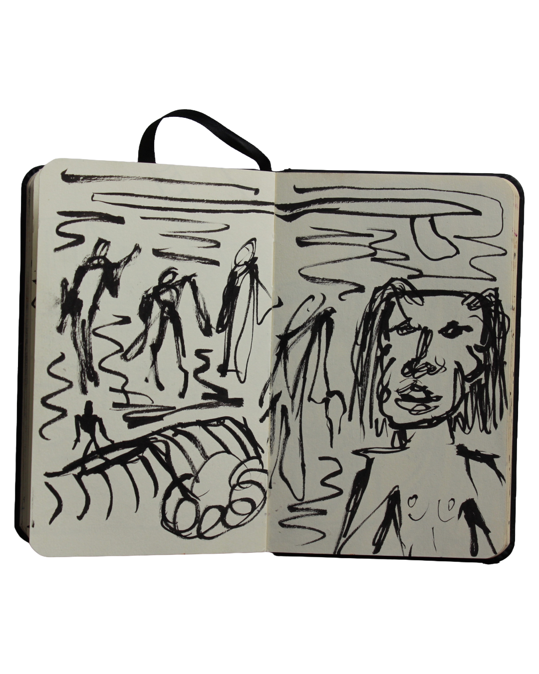 A sketchbook opened to two pages with black ink drawings of abstract human figures, a face, a wave, and various shapes representative of beach  lifestyle