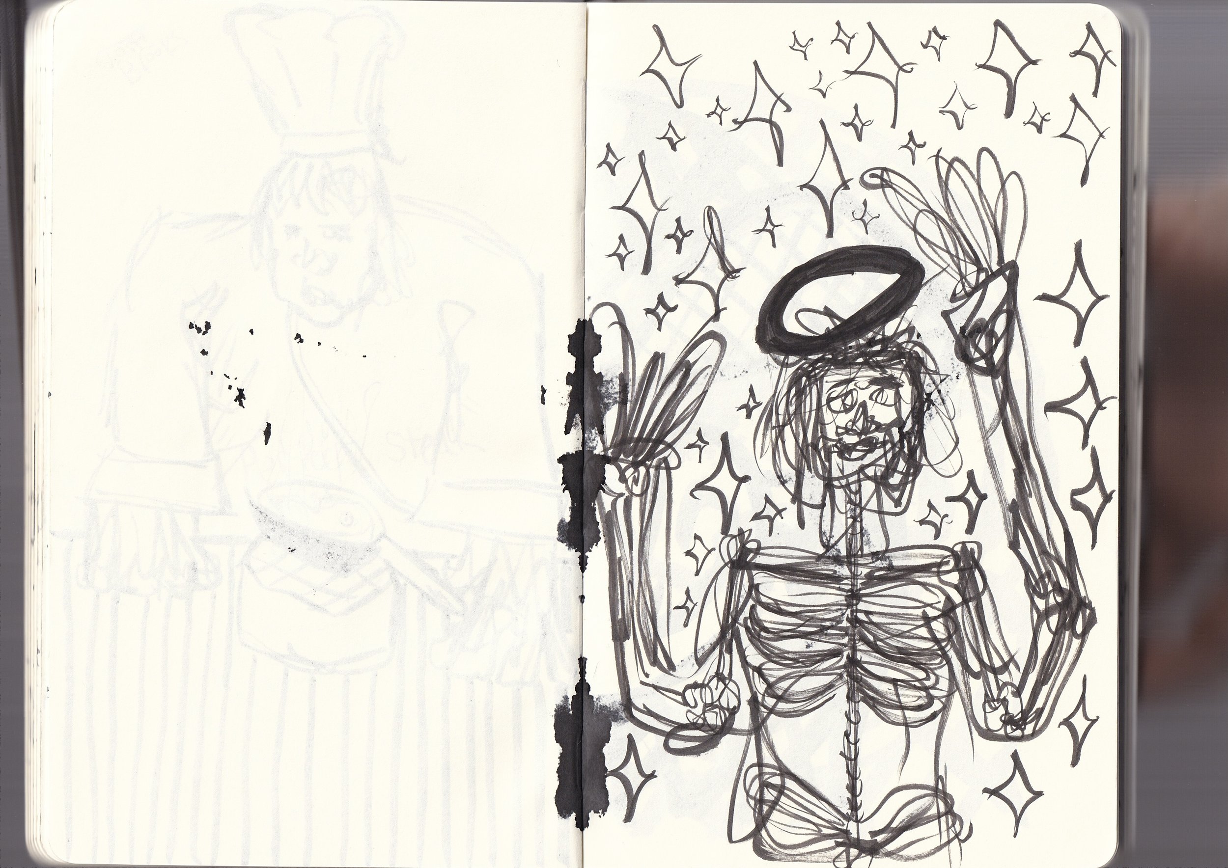 A sketchbook open to two pages. The right page features a black ink drawing of a witch with a pointed hat, surrounded by stars and sparkles. The left page shows a faint, less detailed sketch of a figure with what appears to be a crown or headpiece.
