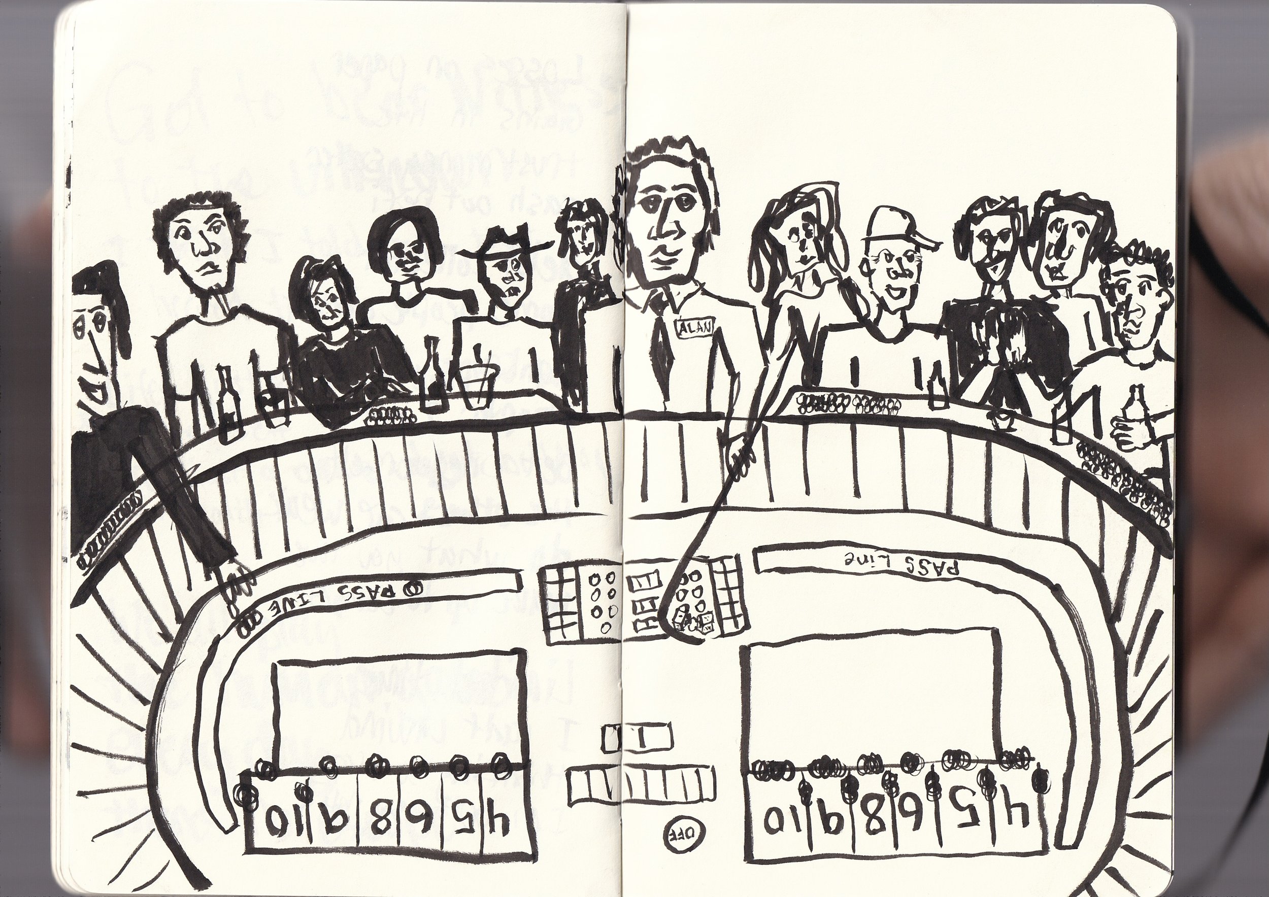 A black and white sketch of a group of people sitting around a round table at a casino night event, with the words 'Pass Line' and numbers like '4', '5', '6', '8', '9', '10' written on the table, and a small drawing of dice in the center.