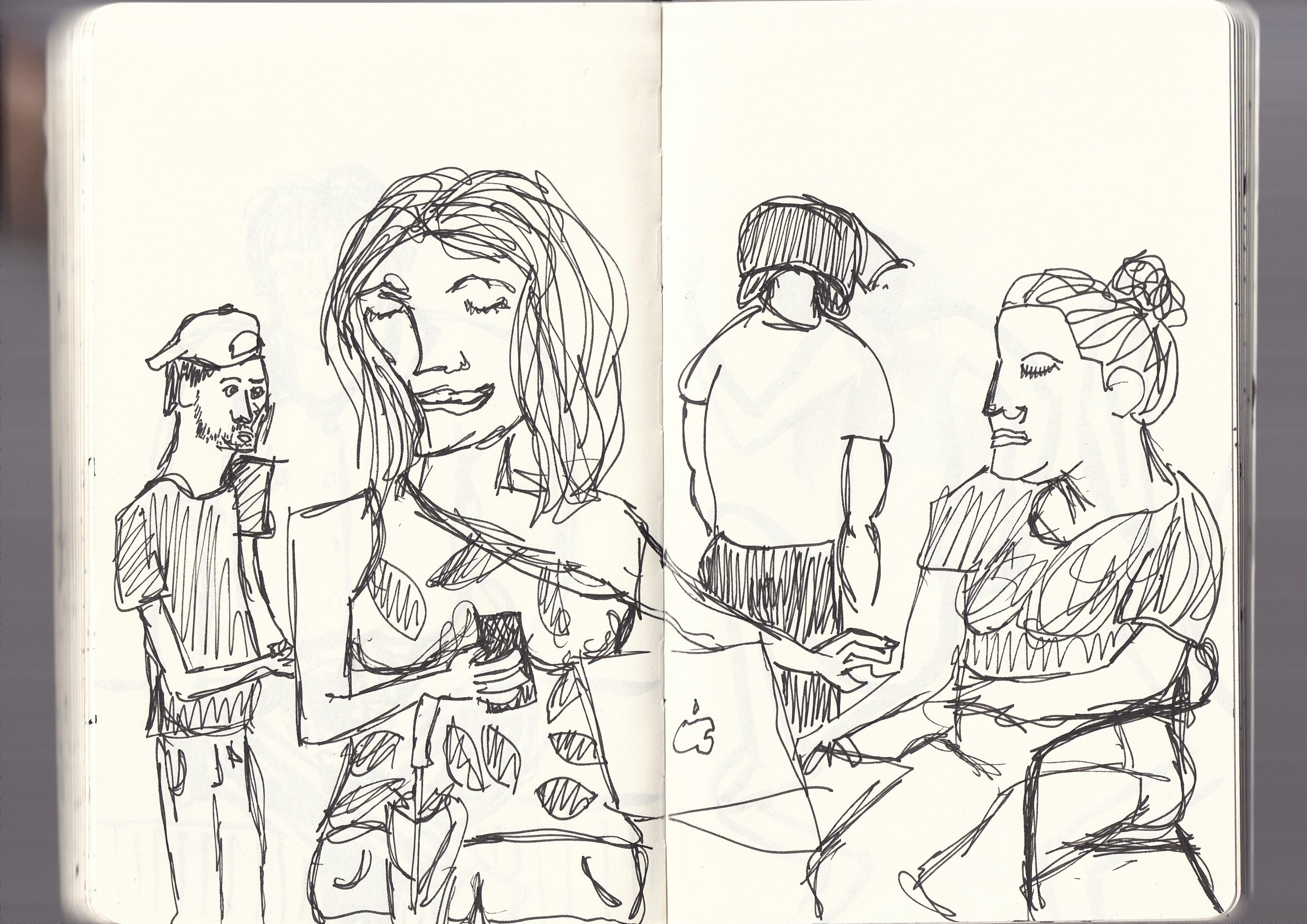 Line drawing of four people, two women and two men, sitting and standing, with a casual and relaxed vibe.