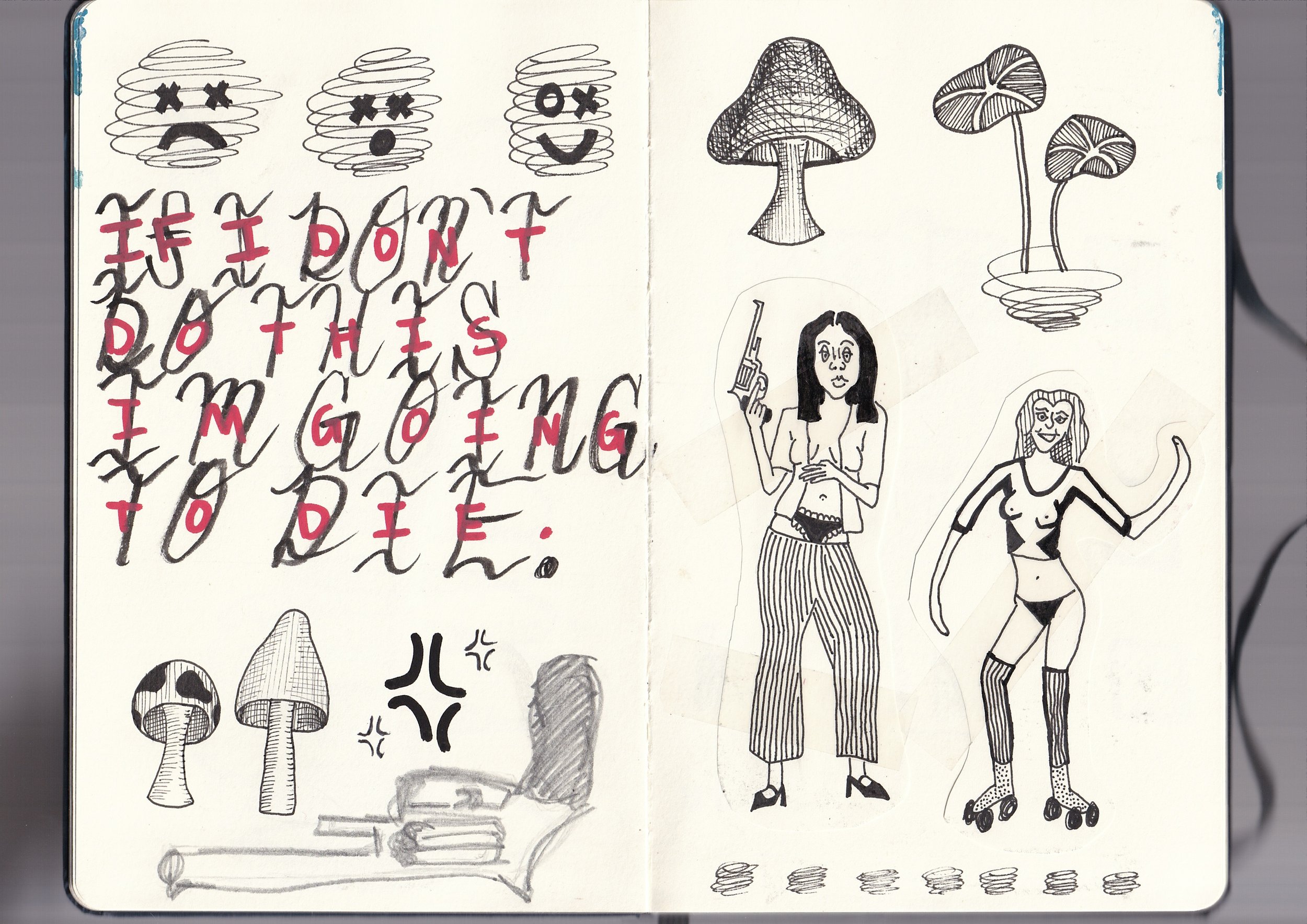 A sketchbook page with various black ink drawings and red handwritten words. The drawings include three expressive faces with swirling hair, mushrooms, a semi-naked woman holding a gun and wearing striped pants, another woman in a tank top and roller