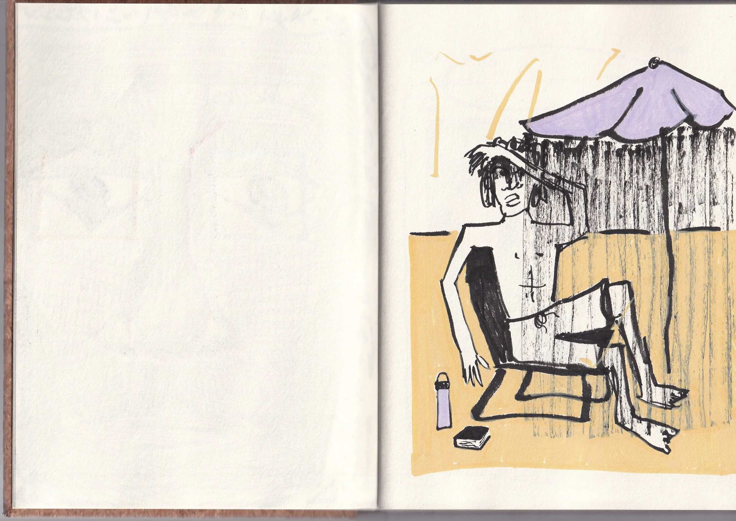 Sketch of a woman sitting at a table outdoors with a purple umbrella and vertical wooden fence in the background, some objects on the table, and the woman wearing a sleeveless top.