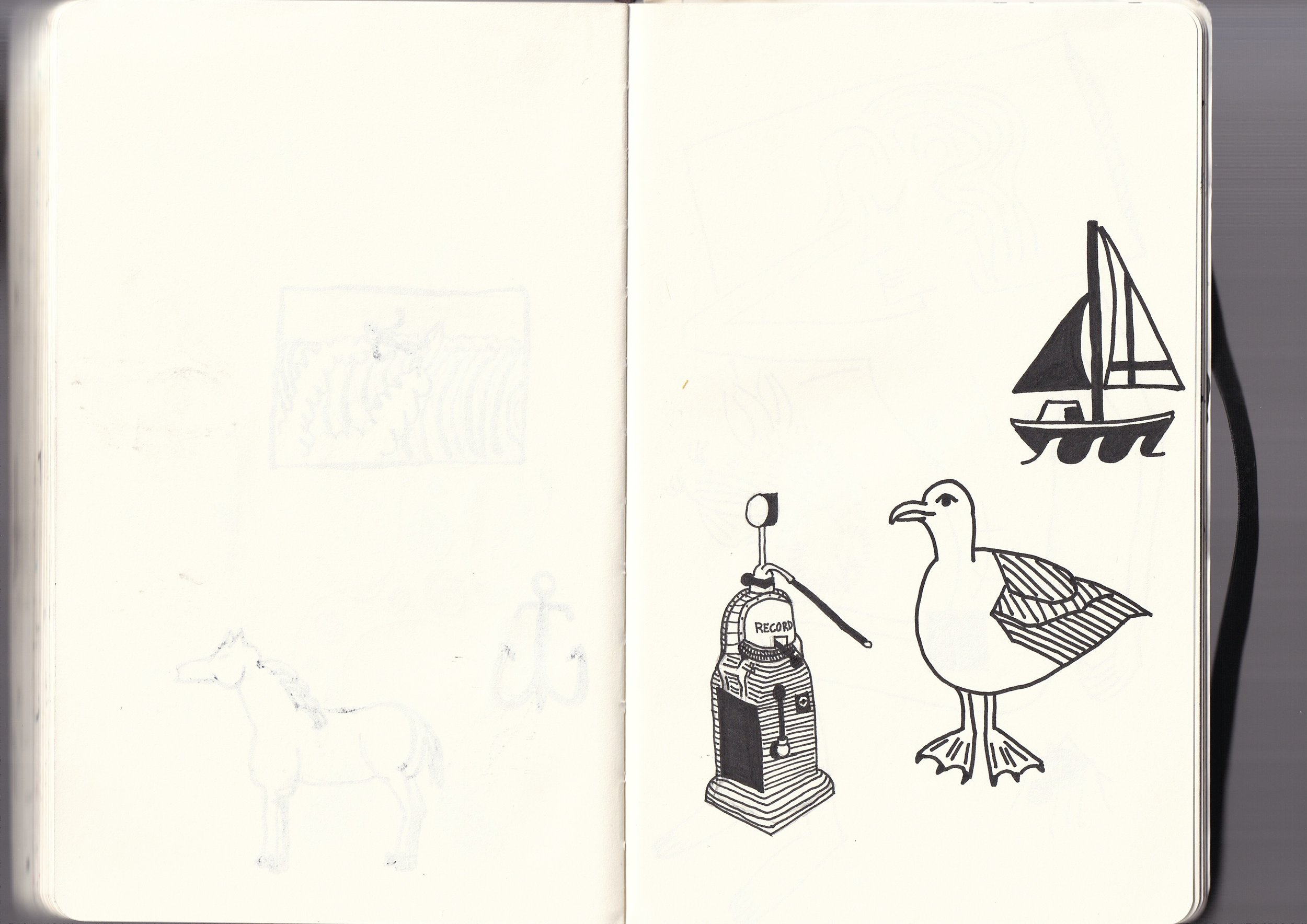 Black and white drawing of a bird with its legs on a valise, holding a fishing rod in its beak, with a sailboat nearby.