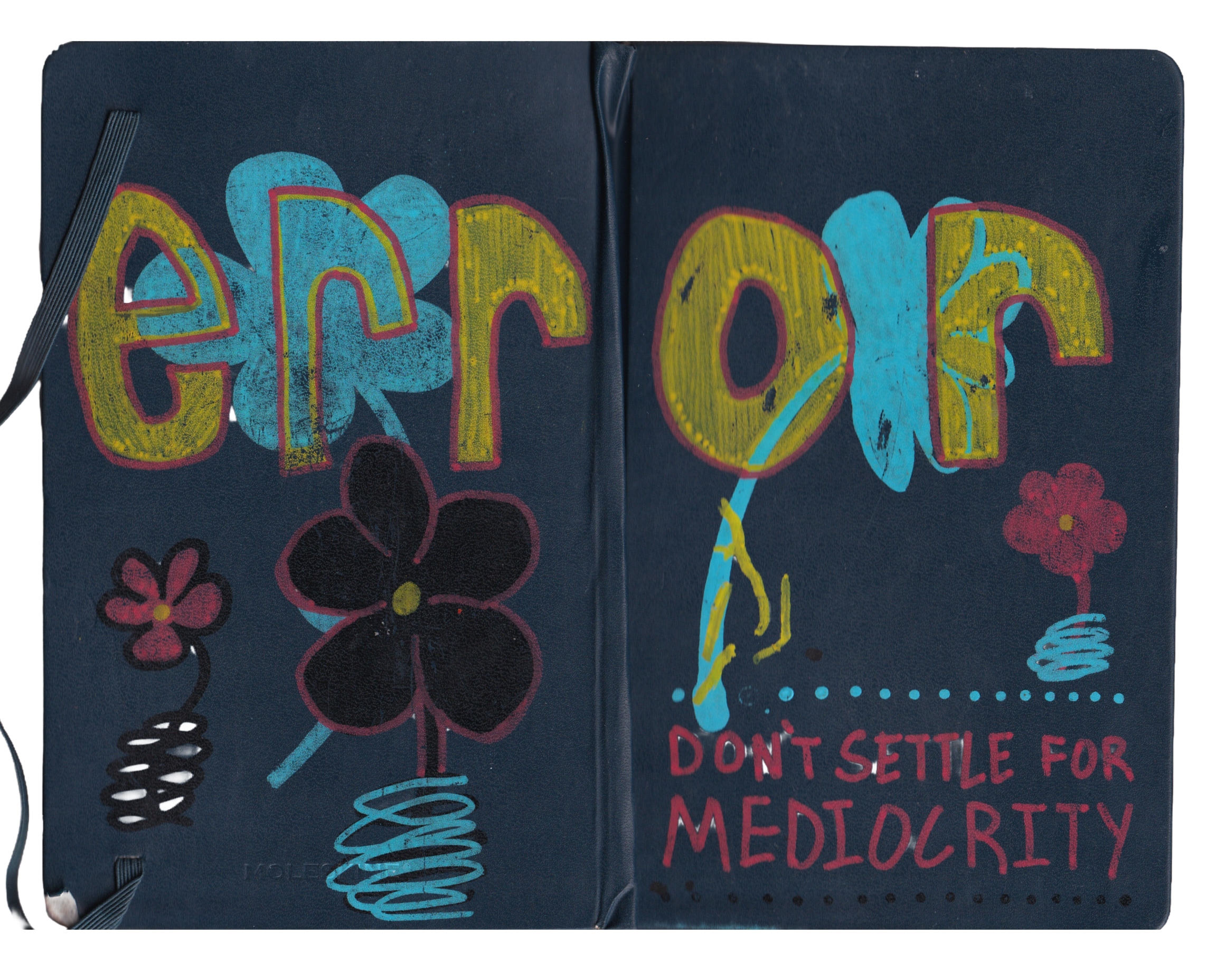 Close-up of a decorated notebook cover with colorful flowers and abstract designs, featuring text that reads 'Don't settle for mediocrity.'