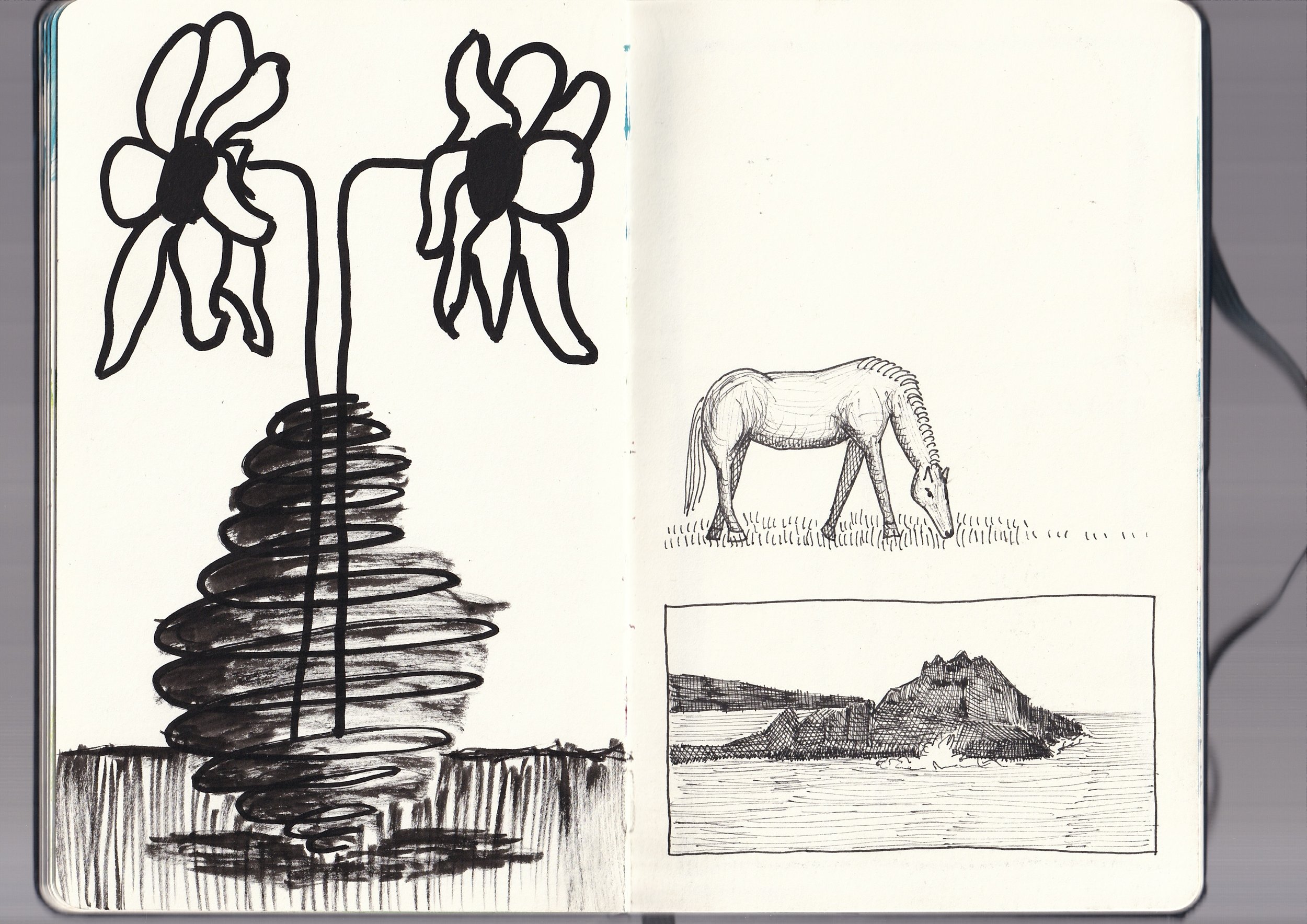 Sketches of a tall butterfly, a cow grazing in a landscape, and a mountain scene.