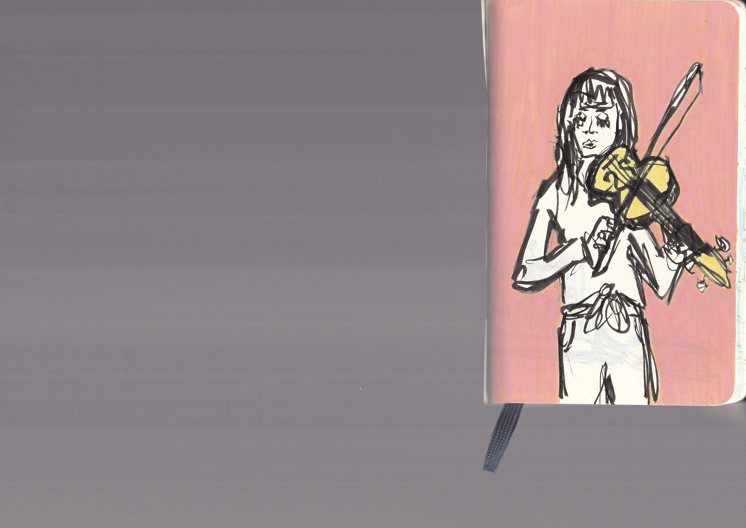 Drawing of a girl with long hair holding a violin and bow, with a pink background.