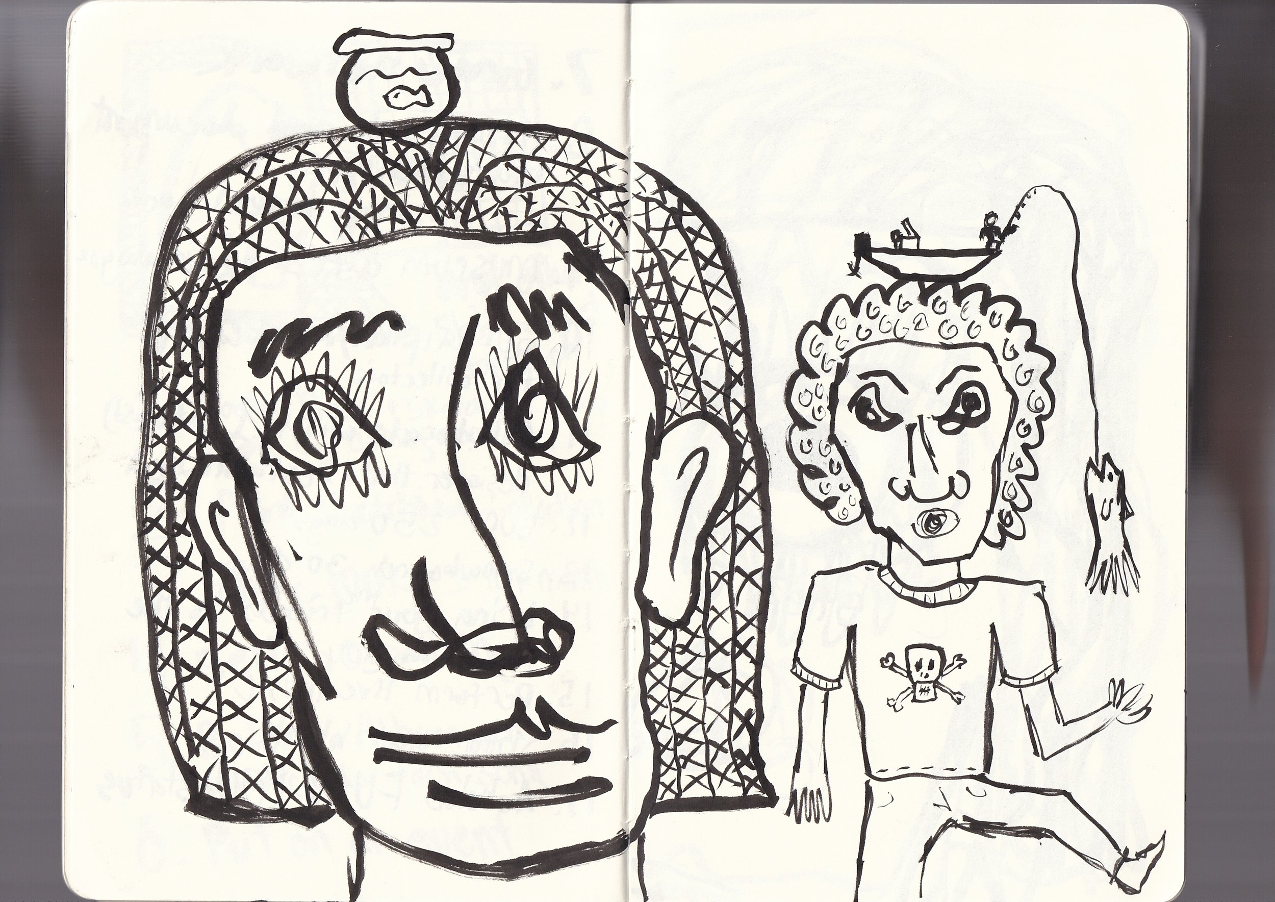 Black marker drawing of a large bear wearing a hat and scarf, a smaller child with curly hair, and a small creature with wings and a stick, standing outside near a tree.
