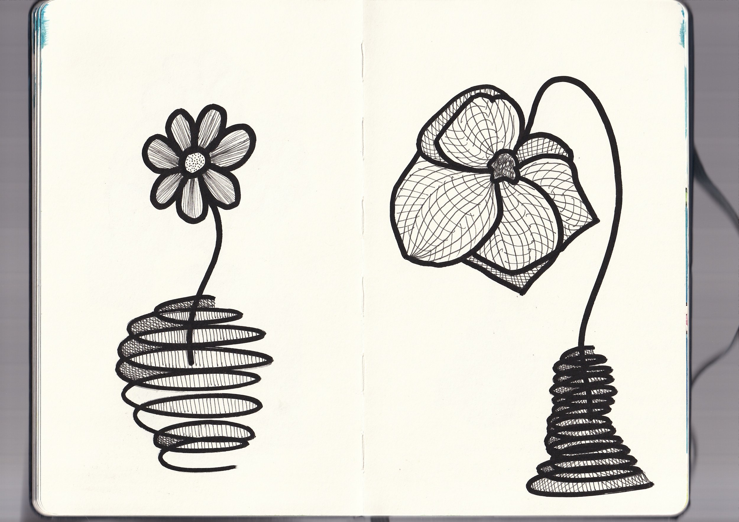 Two black and white line drawings of flowers and spring coils, with the flowers possibly being stylized and the coils beneath them