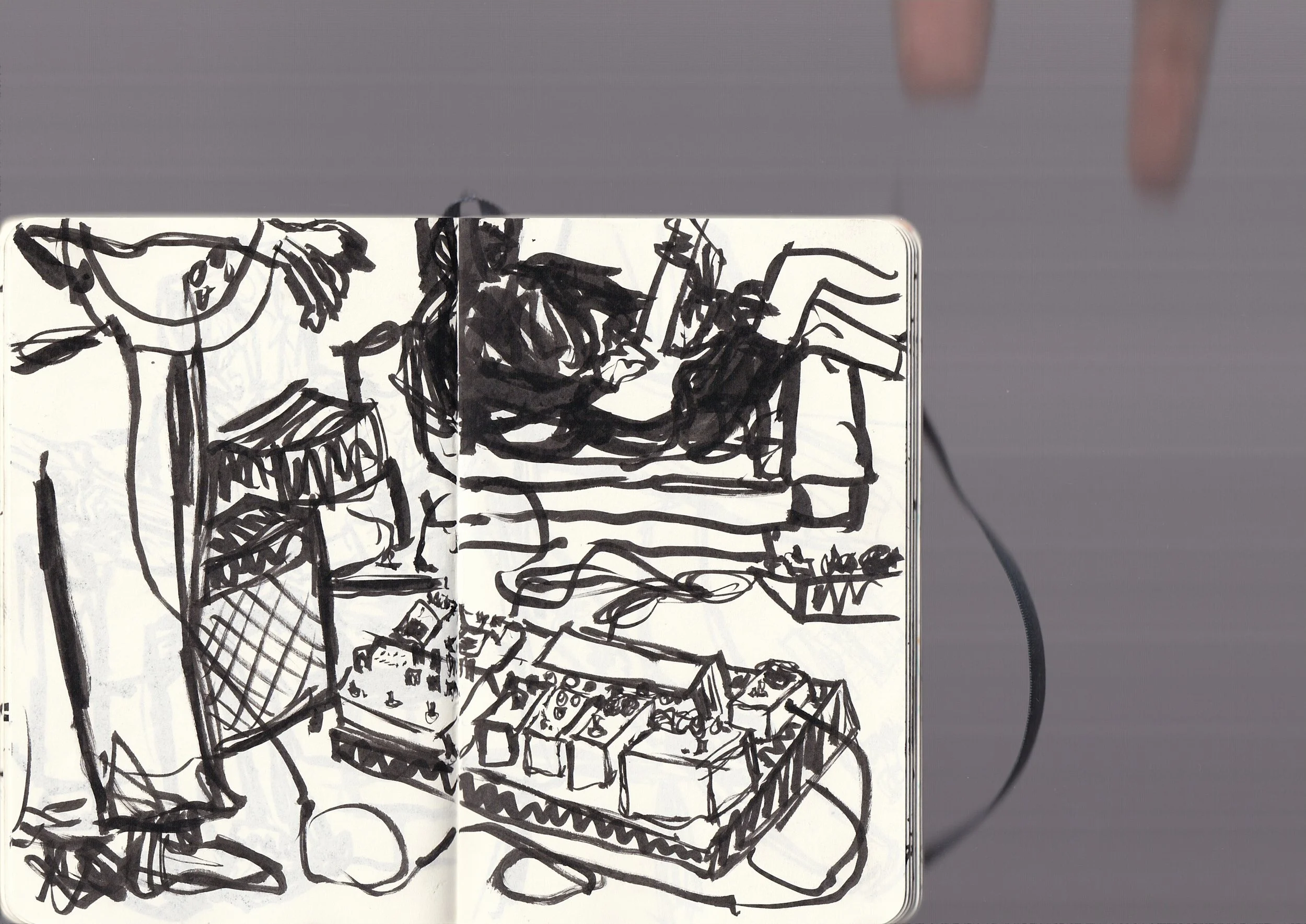 Black marker sketch of a cluttered music shelf with various musical equipment, instruments, and books.