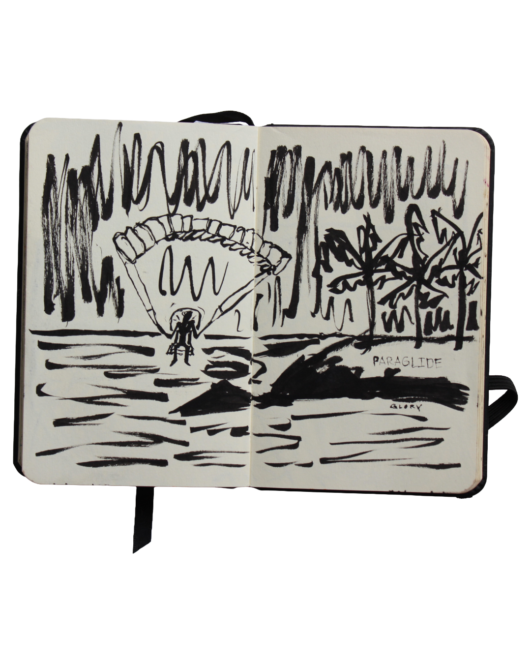 A black ink sketch of a person parasailing over water with a parasail, laguna beach in the background, and the words 'PARAGLIDE' and 'GLORY' written on the right side.