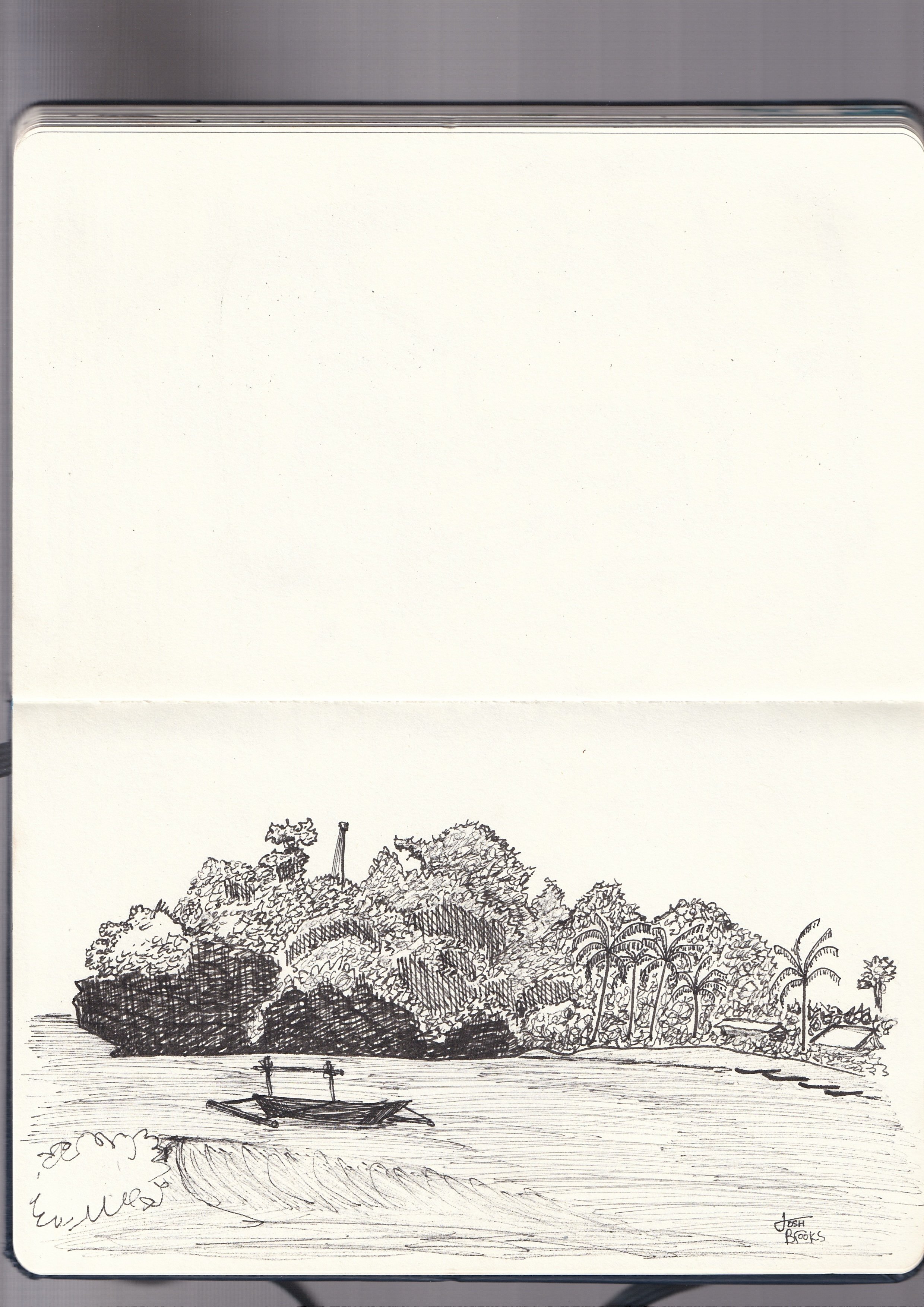 A black and white sketch of trees along a river with a boat floating on the water and a small patch of grass or bushes in the foreground. Signature on the bottom right corner reads 'Josh Bocks'.