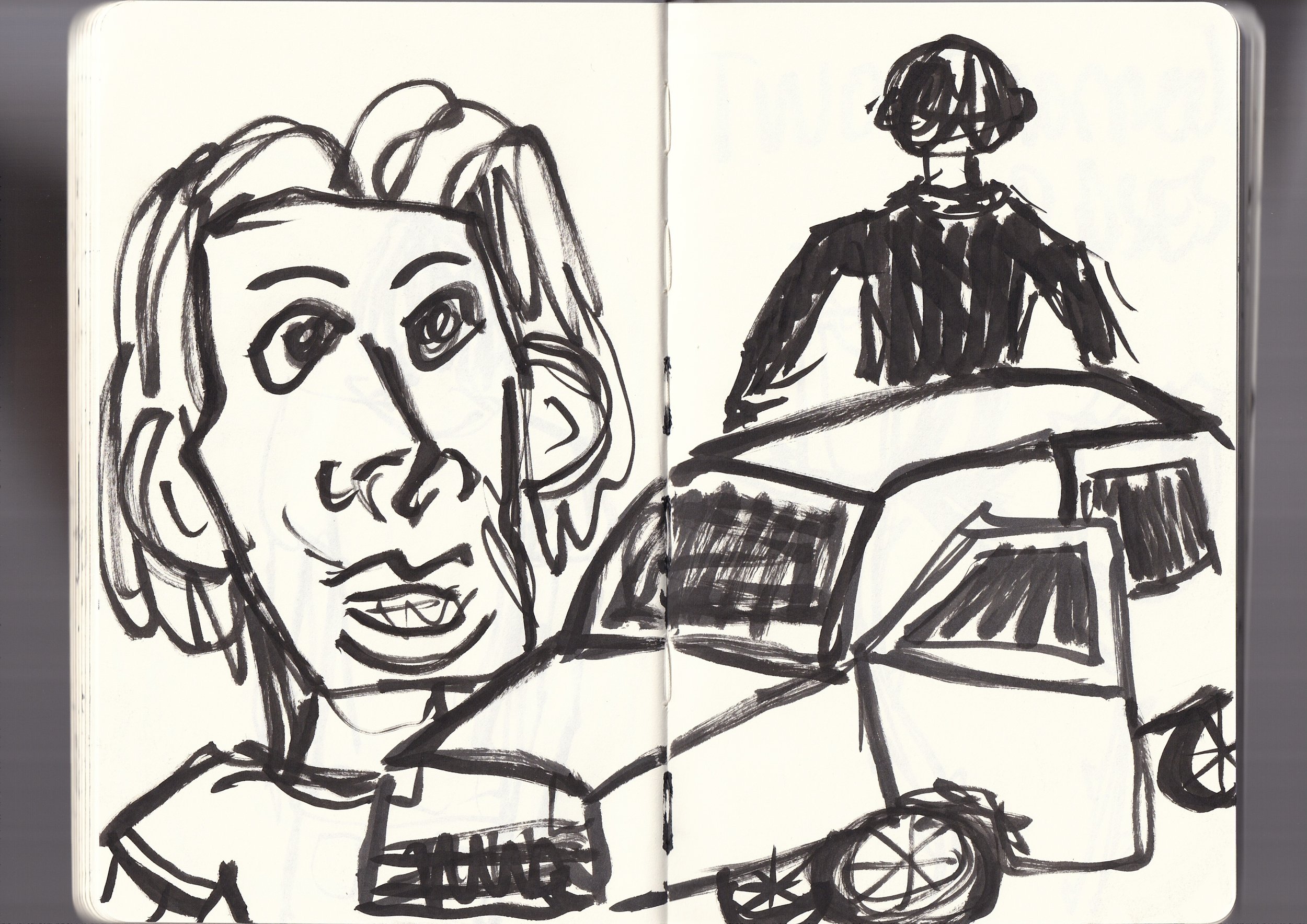 A black marker sketch of a young girl smiling, with long hair, on the left side of the image. Next to her, on the right side, is a person sitting in a wheelchair, holding a book or tablet, wearing glasses and a striped shirt.