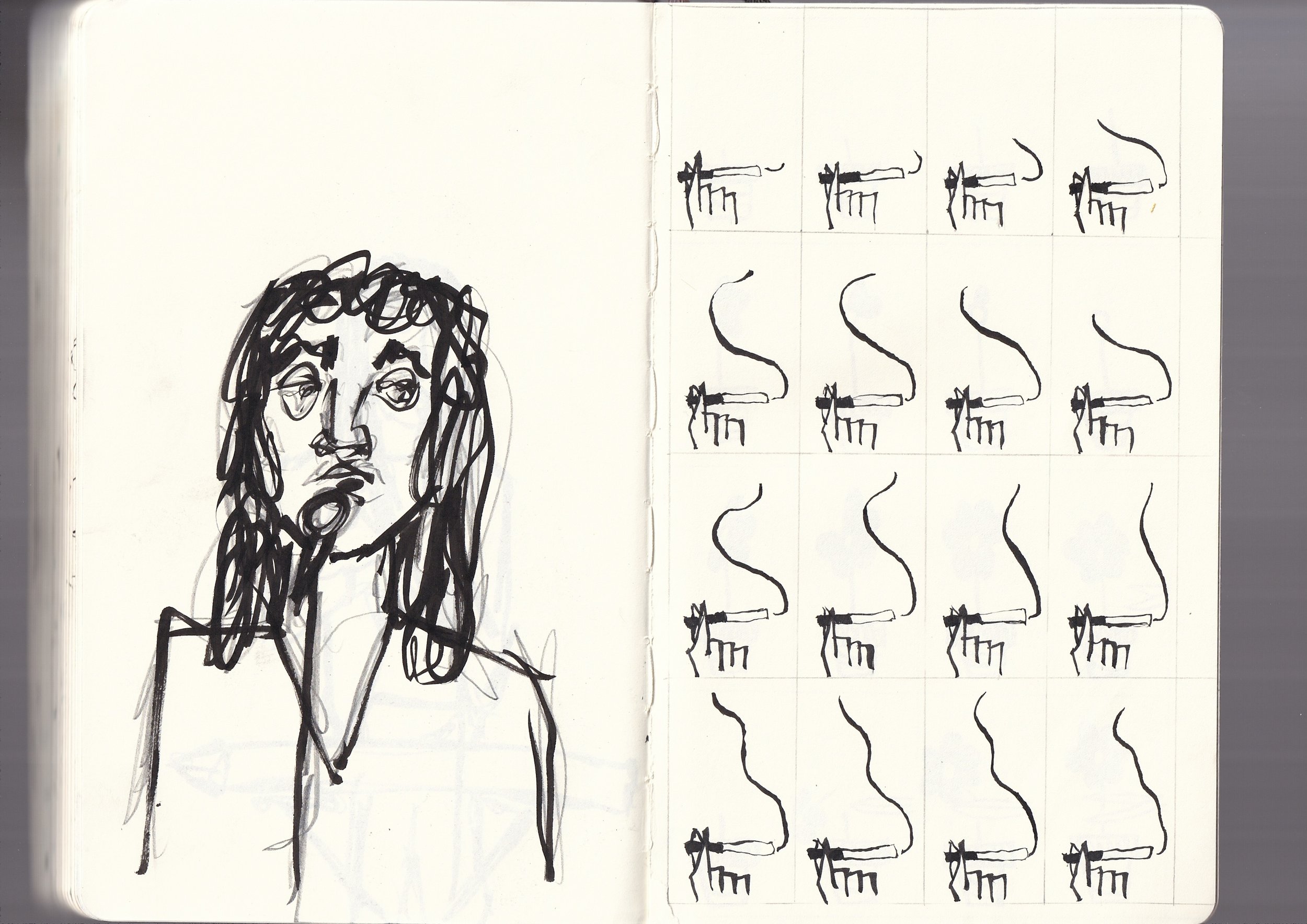 A black ink sketch of a person's face with long, curly hair on the left page. On the right page, there are repeated black ink drawings of a smoking gun in a grid pattern.