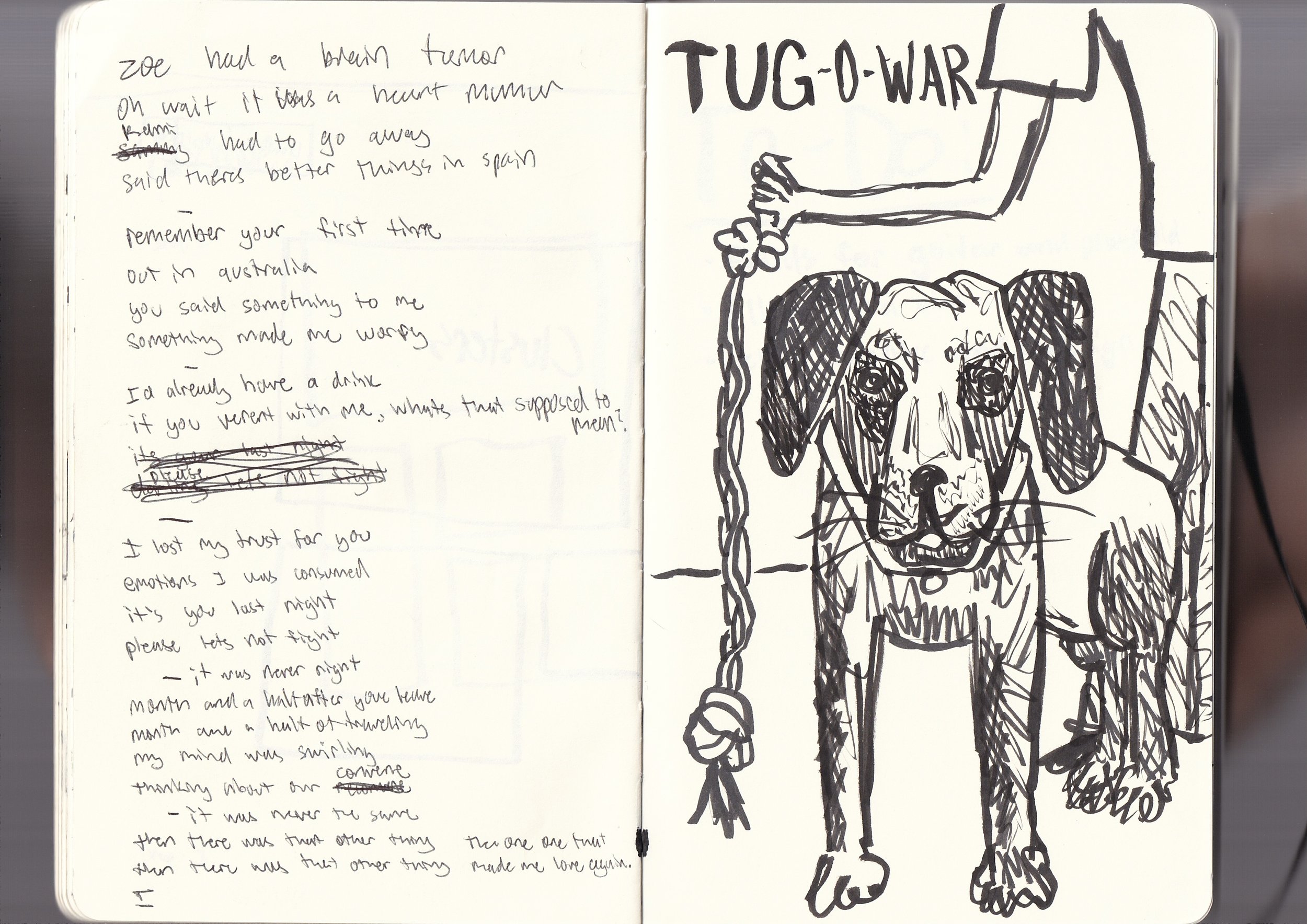 Open notebook with handwritten text on the left page and a black marker drawing of a dog holding a rope in its mouth and the words "TUG-O-WAR" on the right page.