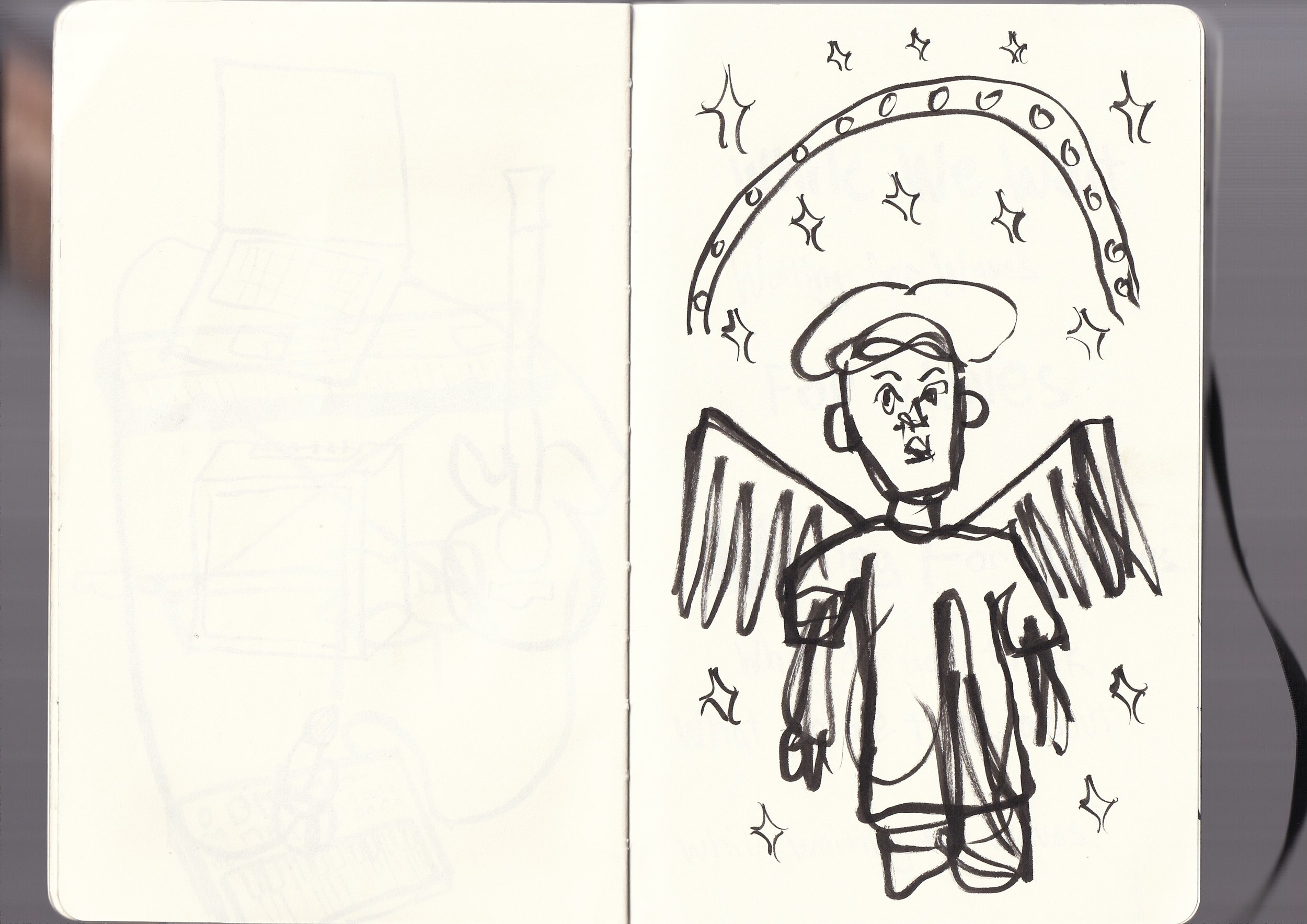 A black marker drawing of an angel with a halo, wings, and a robe, surrounded by sparkling stars.