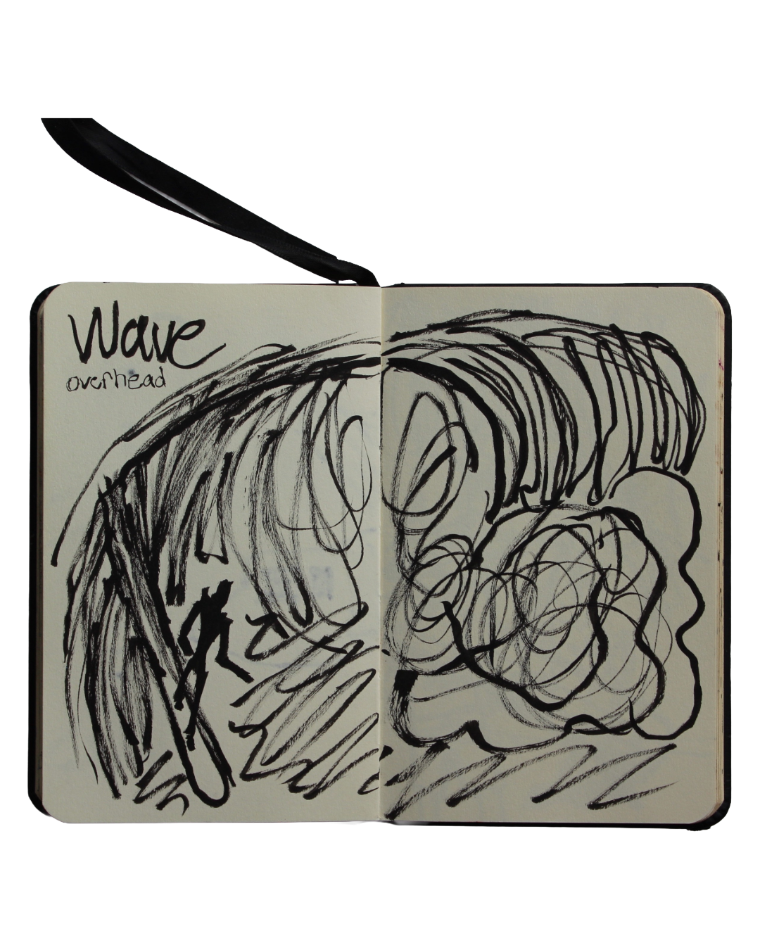 Sketch of a large wave with foam, labeled 'Wave' in the top left corner, created with black marker in an open notebook.