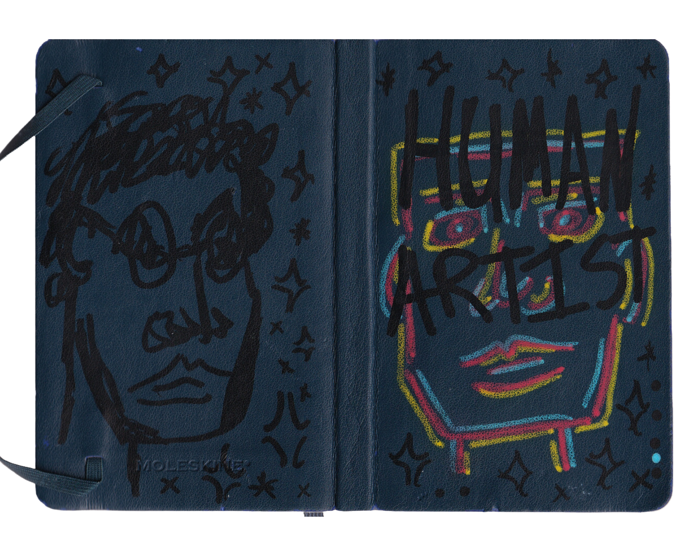 A blue textured checkbook cover decorated with black, colorful, and quote-style graffiti lettering and symbols.