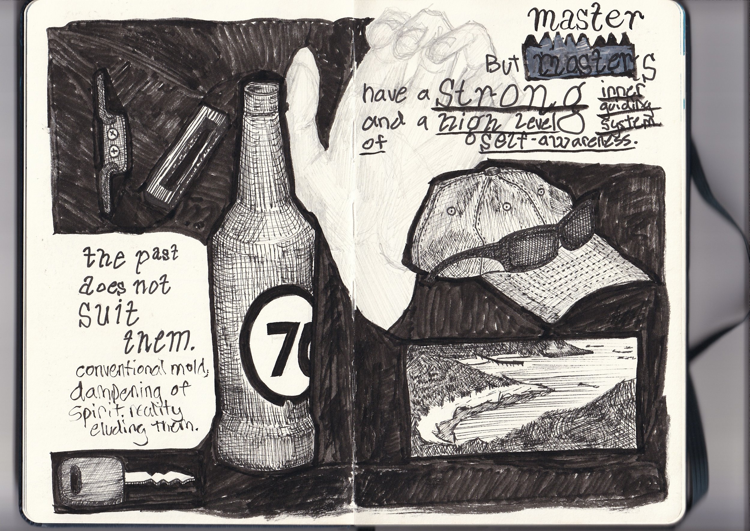 A black and white sketch of objects on a table, including a bottle, a box cutter, glasses, and a cap. Handwritten text discusses the strength of ancient masters compared to modern systems, and mentions a mold with a conical shape.
