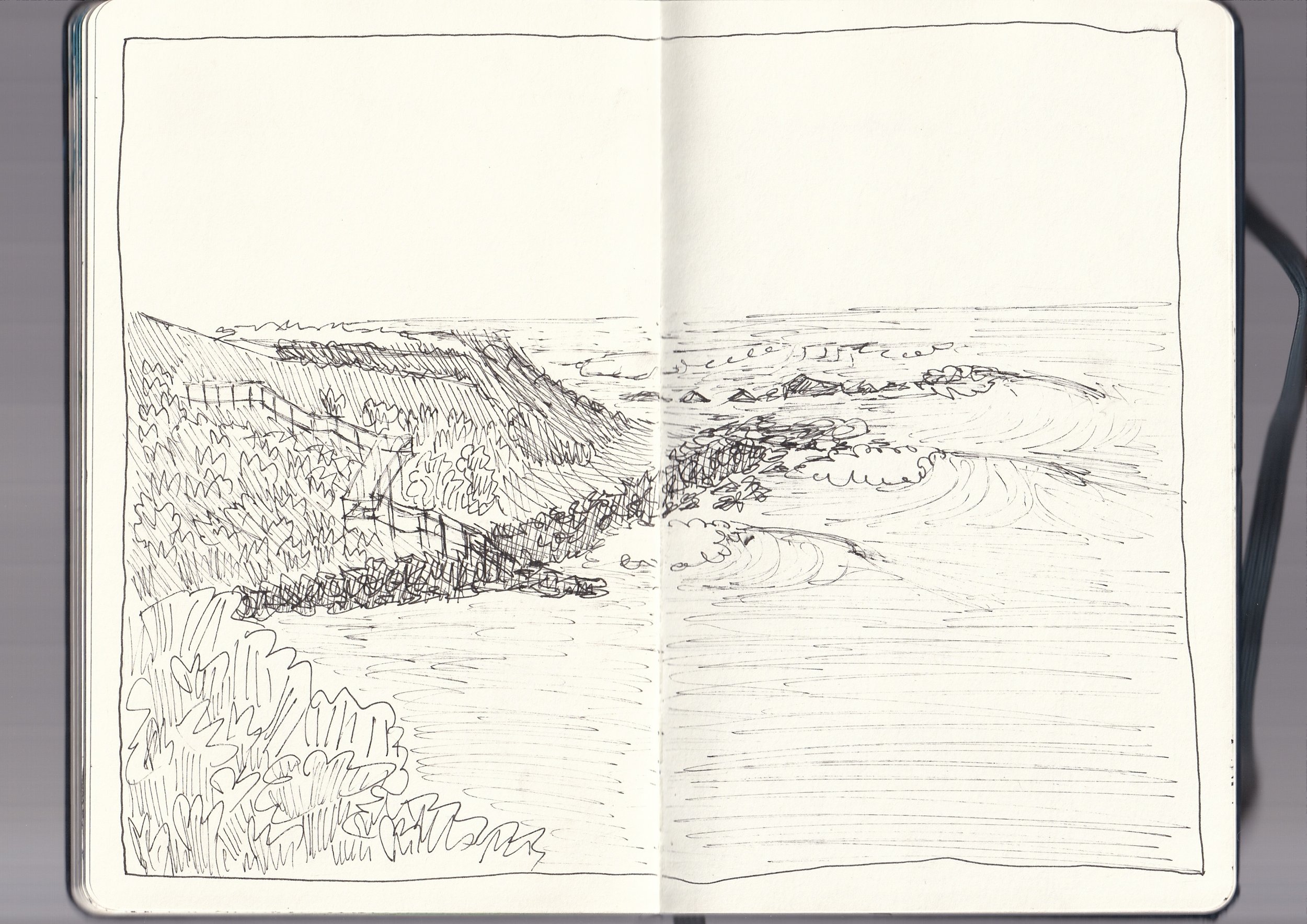 A sketch of a landscape in a notebook, featuring a hill on the left with trees and vegetation, and a body of water with some rocky formations on the right.