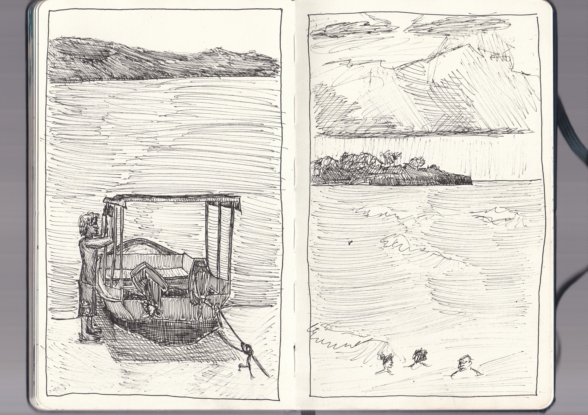 Two pages of a sketchbook featuring landscape sketches. The left page shows a shoreline with hills in the background, a person sitting and reading a book outdoors, and a small building. The right page depicts a coastal scene with clouds, a mountain, 