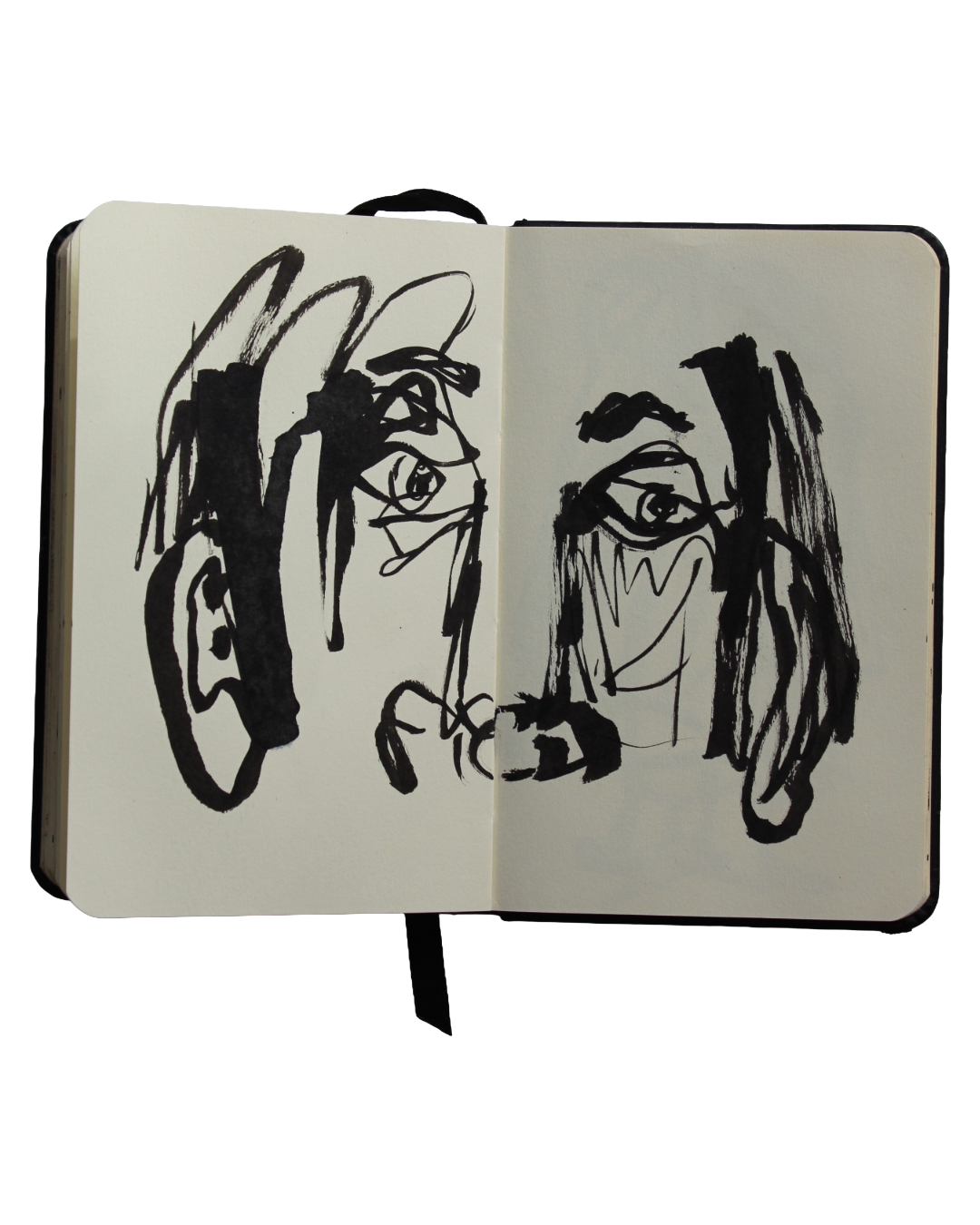 Open sketchbook spread with one abstract black ink drawings of a face on white pages.