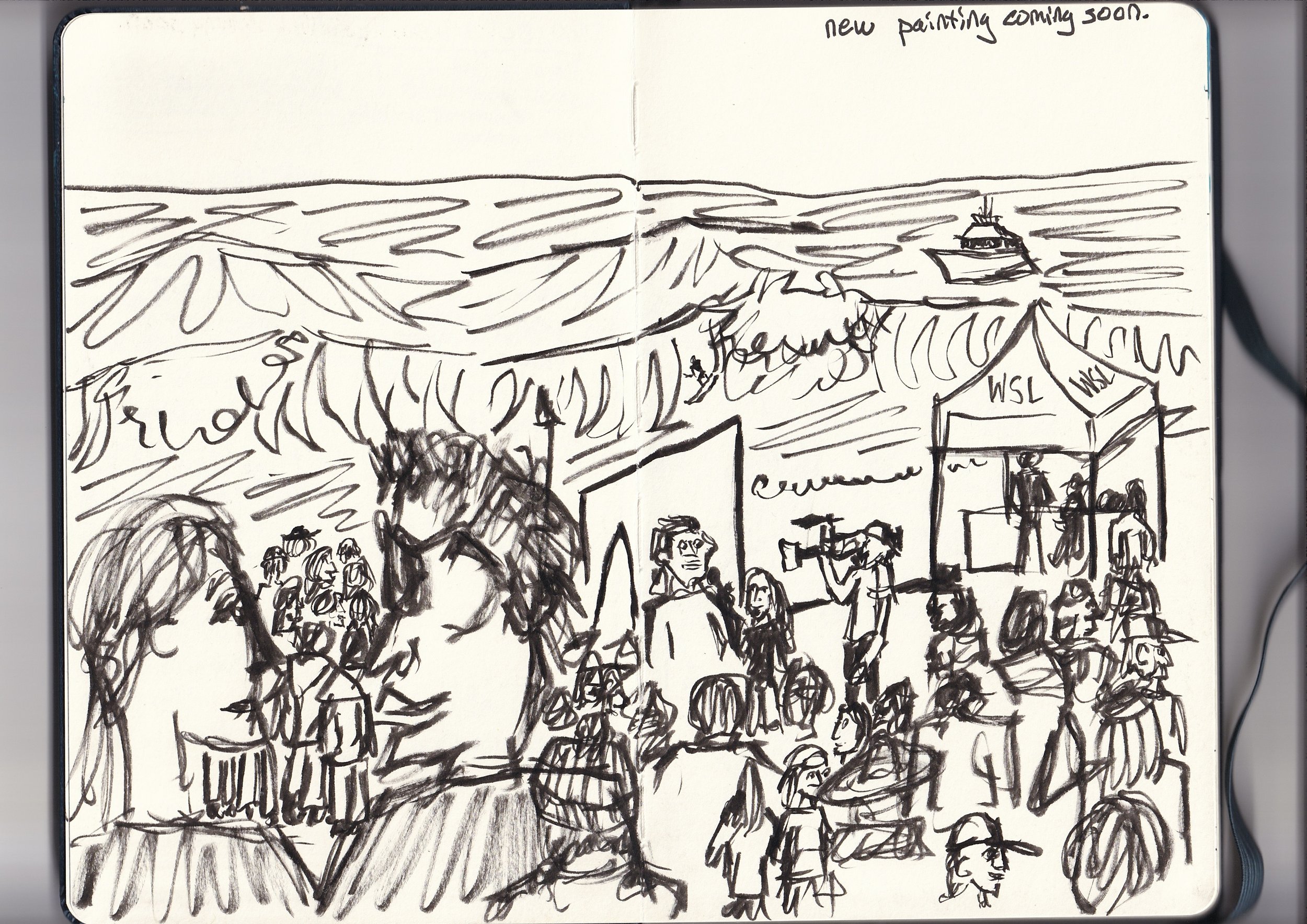 A black ink sketch of a busy outdoor scene with a crowd of people, some on bicycles, under trees, with a mountain in the background and a sign reading 'WSL' and 'croissant' in the foreground. Handwritten note at the top says 'new painting coming soon