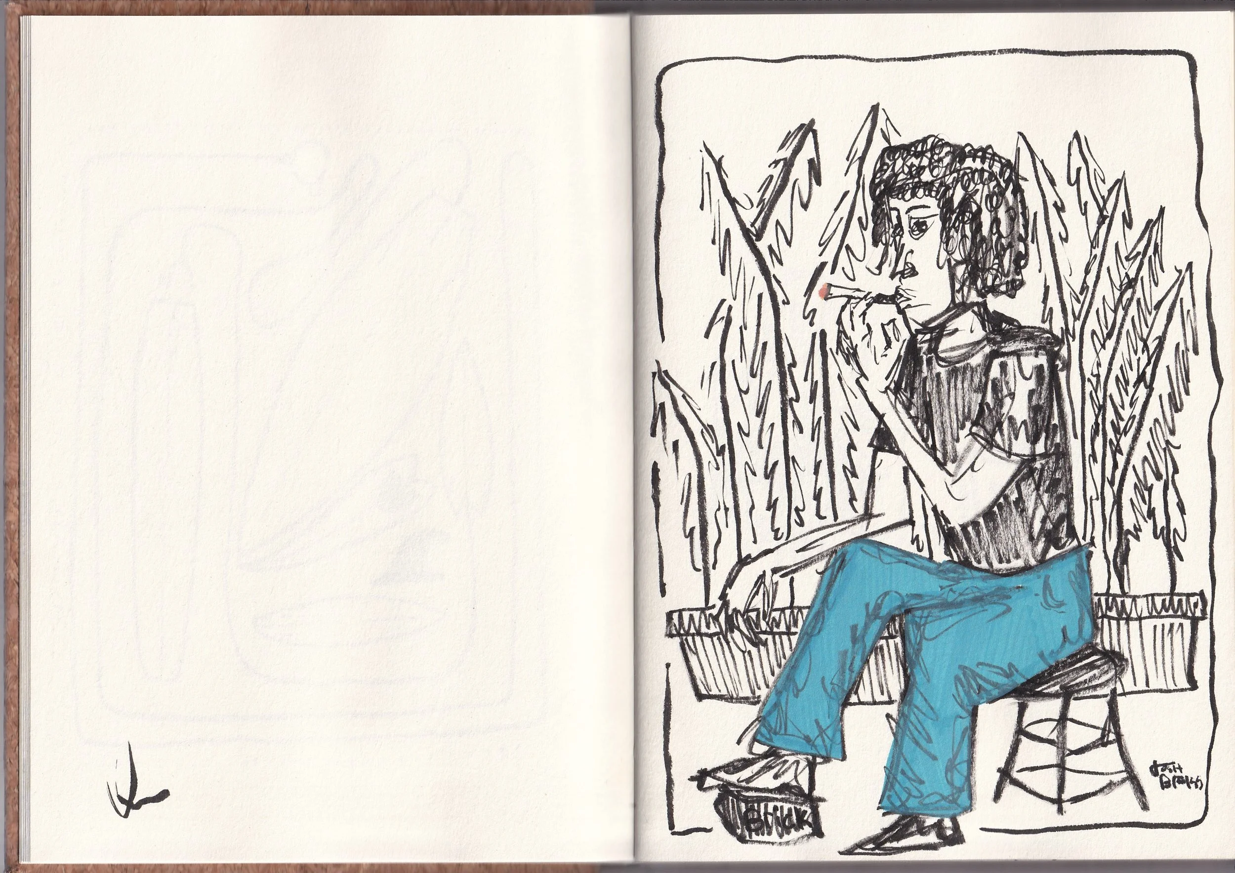 A black and white sketch of a woman with curly hair sitting on a bench in a park, smoking a cigarette. She is wearing a black top and blue pants. There are trees in the background.