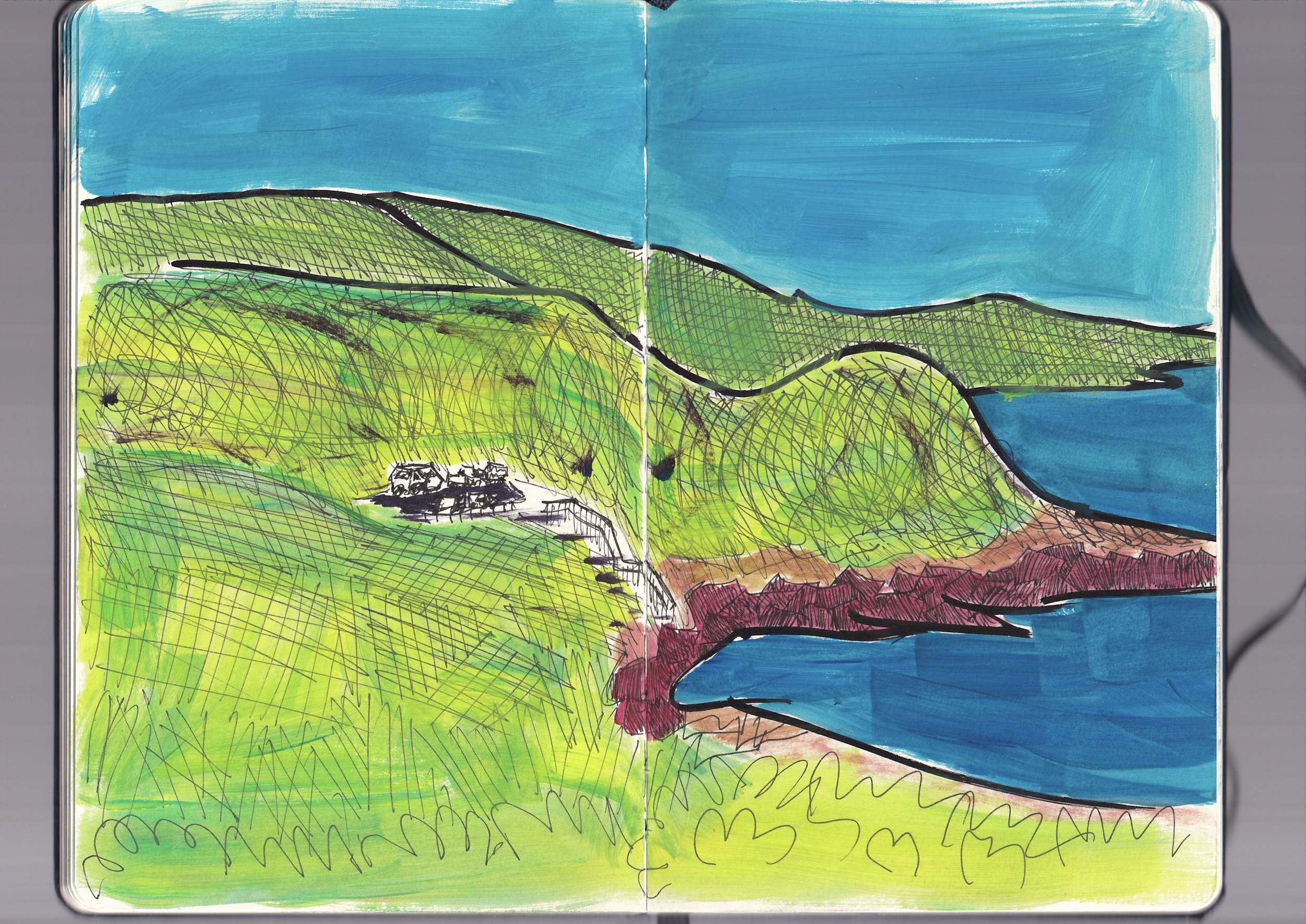 A colorful hand-drawn landscape on paper open to a two-page spread. The scene includes a bright blue sky, green rolling hills with black outlines, and a small house in the lower left corner with a path leading to it. The foreground has darker green a