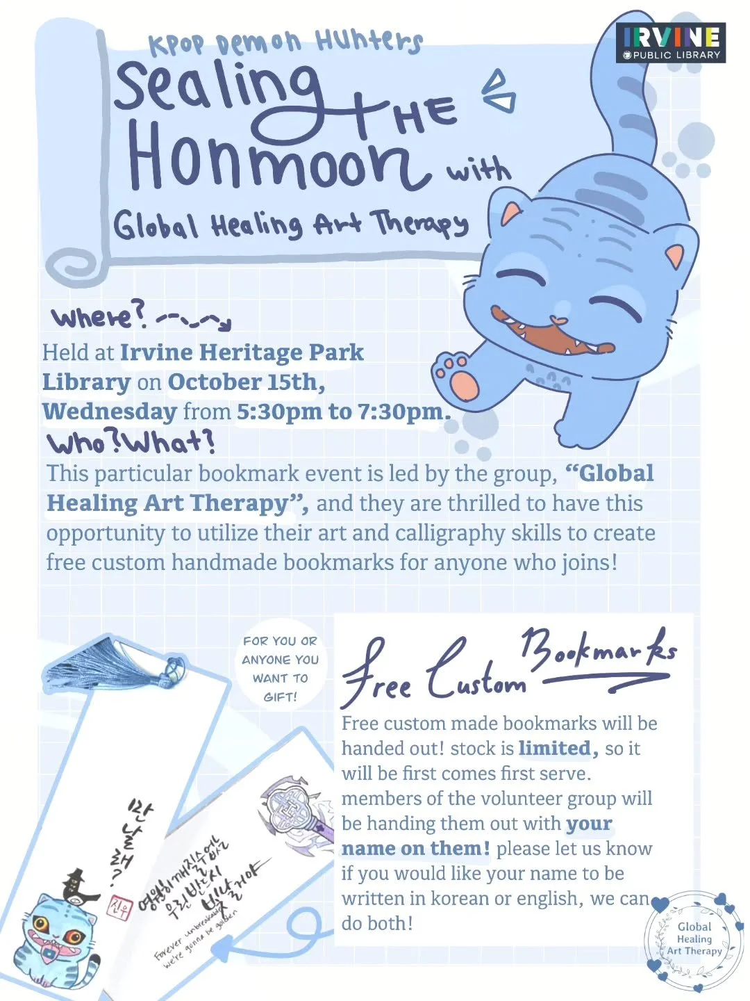 🇺🇸 📚✨ [Irvine Team Volunteering]
Global Healing Art Therapy&rsquo;s Irvine team &mdash; parents and students &mdash;
will be volunteering at the Irvine Heritage Park Library!

They&rsquo;ll be creating beautiful custom bookmarks
with guests&rsquo;