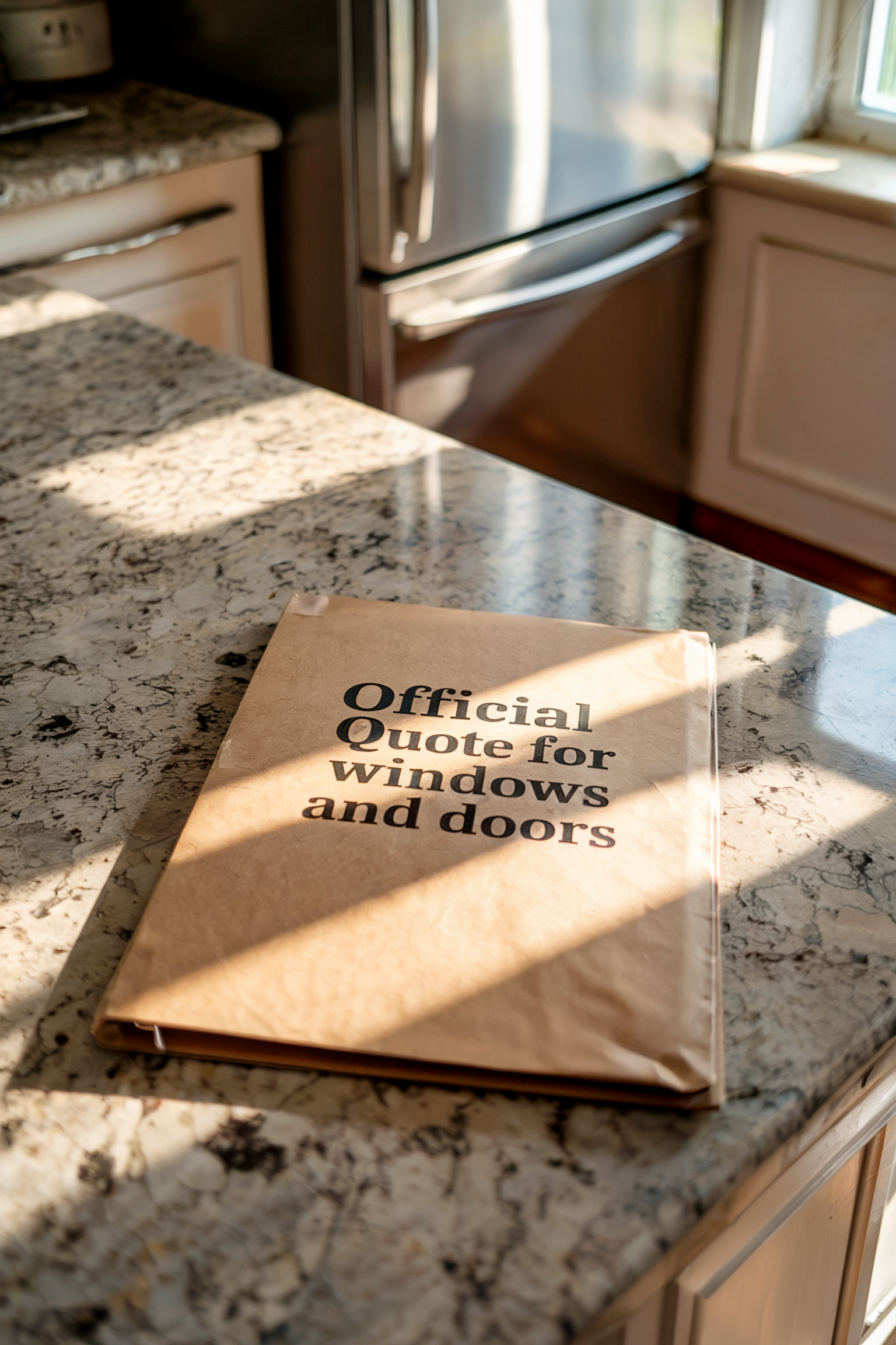 Manila envelope labeled "Official Quote for windows and doors" on granite countertop.