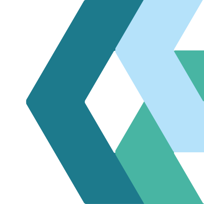 Abstract geometric logo with interlocking hexagons in shades of blue and teal.