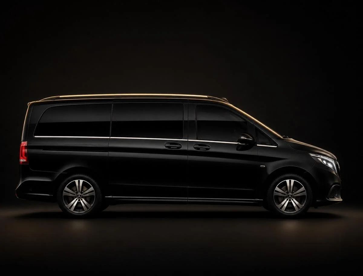 A black Mercedes-Benz van with subtle lighting accents on a dark background.