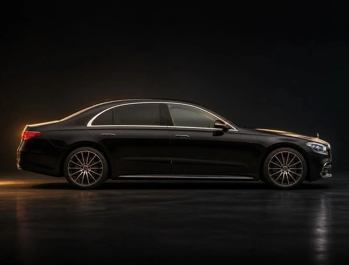 Side view of a sleek black luxury sedan car with subtle lighting accents, set against a dark background.