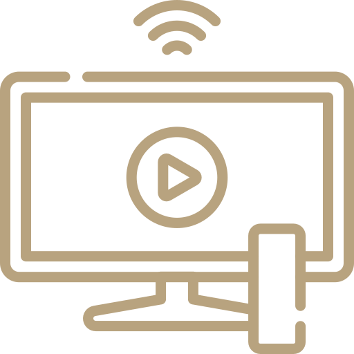 Outline of a computer monitor displaying a video play button, with a hand touching the screen and a Wi-Fi signal above.