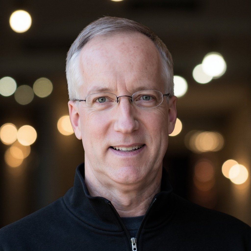 Headshot of a middle-aged man with glasses, short gray hair, wearing a black zip-up jacket, smiling, with blurred lights in the background.