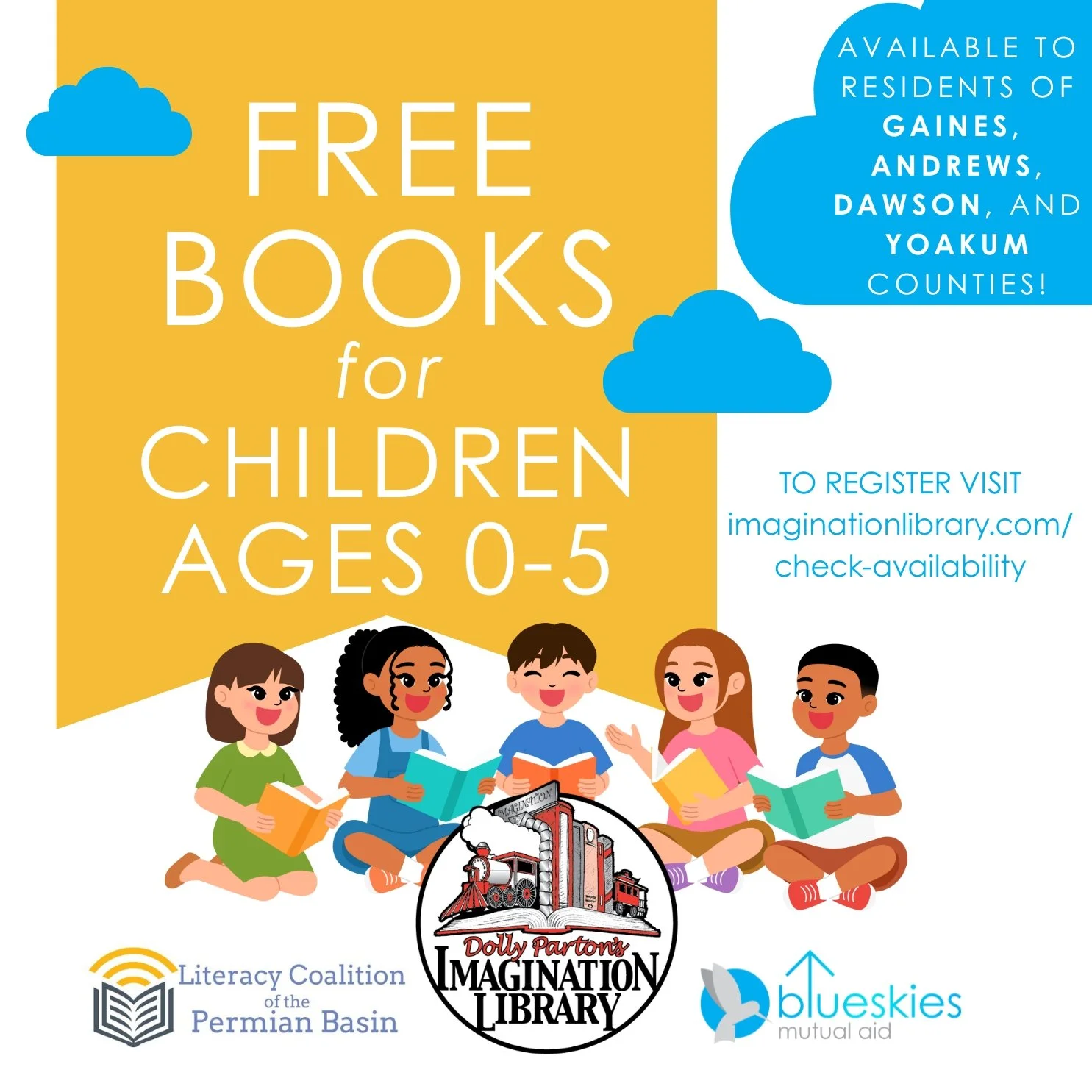 📚 Parents! Apply for free books for your little ones! 📚

Dolly Parton's Imagination Library is a free resource for Gaines, Andrews, Dawson, and Yoakum counties. It's a book gifting program that mails free, high-quality books to children from birth 