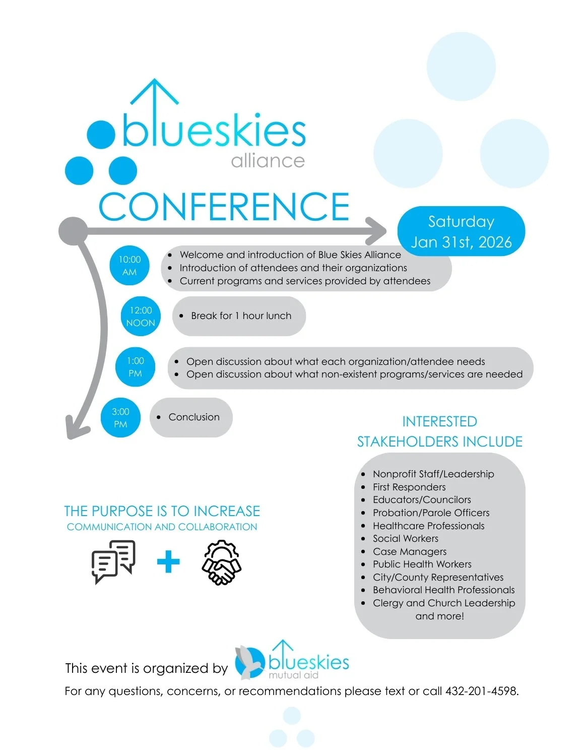 🔵🔵🔵 Do you help folks in your community? Then you're invited to this event! 🔵🔵🔵

Blue Skies Mutual Aid is hosting an event called the Blue Skies Alliance Conference in Seminole on Saturday, January 31st.  The conference brings together interest