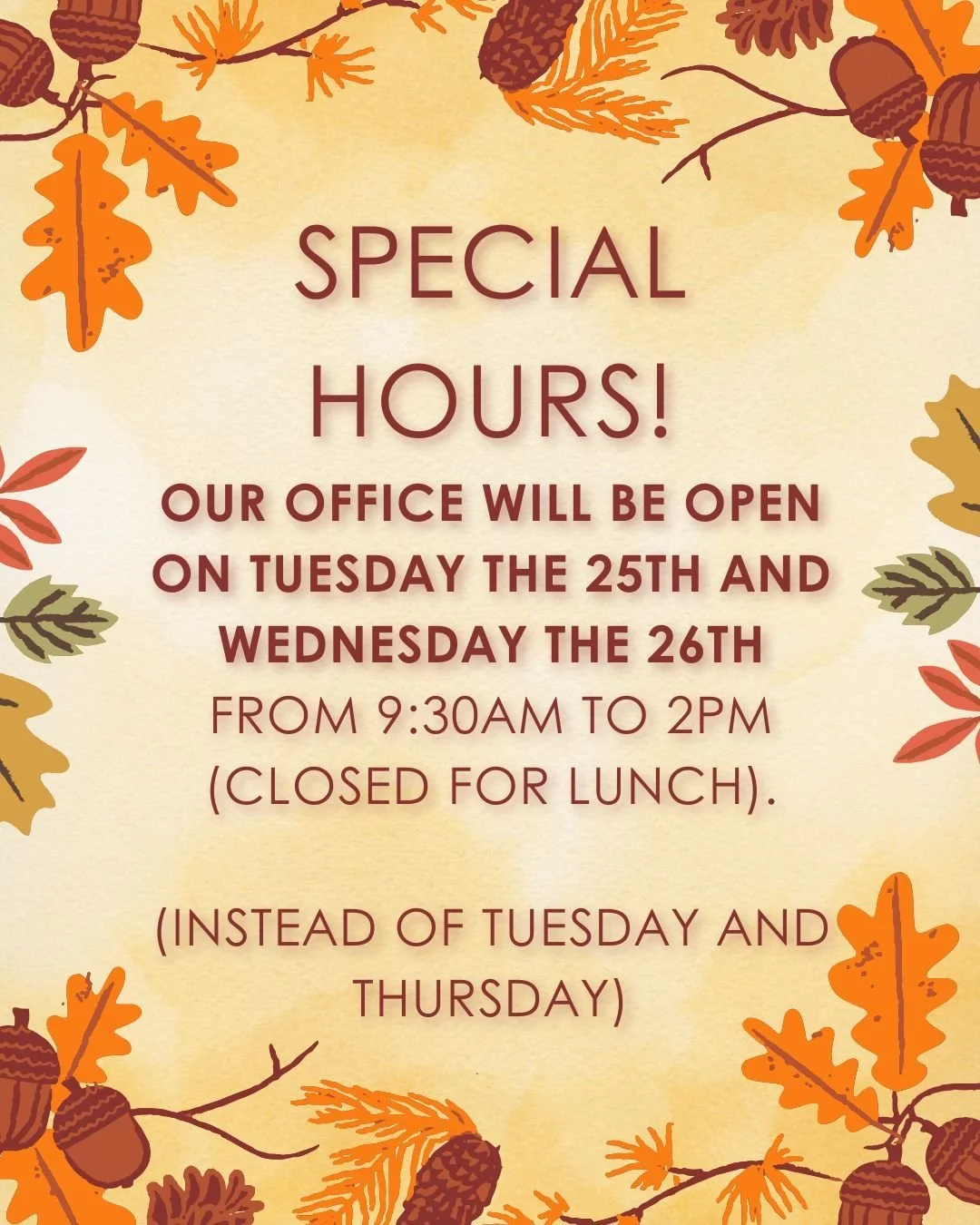 Special office hours next week! Our office at 104 SW Ave C in Seminole will be open Tuesday the 25th and Wednesday the 26th from 9:30am to 2pm (closed for lunch).